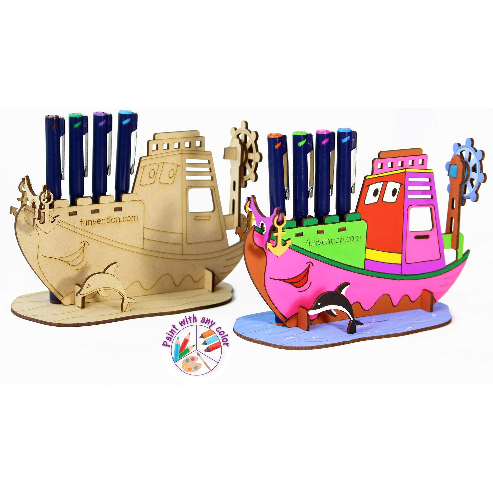 Funvention Ship - 3D Coloring Model (Pack Of 6) - Diy Desk Organizer Pen Stand - Stem Leanring 3D Puzzle Toy - Art, Coloring And Painting Kit For Kids - Birthday Return Gift,Diy Party Pack For Kids