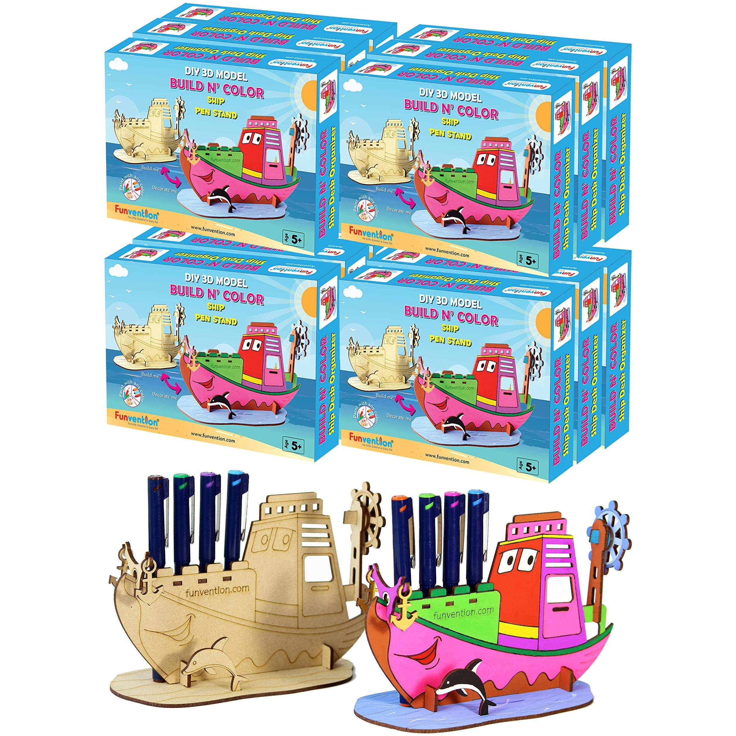 Funvention Ship - 3D Coloring Model (Pack Of 12) - Diy Desk Organizer Pen Stand - Stem Leanring 3D Puzzle Toy - Art, Coloring And Painting Kit For Kids - Birthday Return Gift,Diy Party Pack For Kids