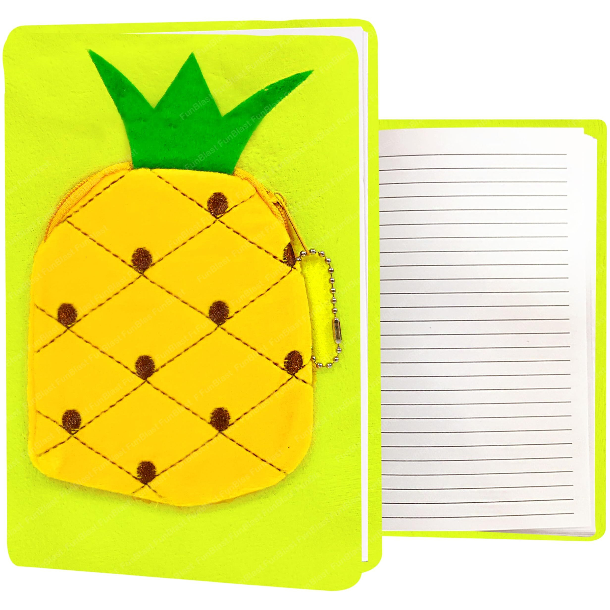 Funblast Soft Fur Diary For Girls, Fruits Plush Notebook For Girls, Boys, Kids | Fancy Design Pineapple Stylish Diary With Mini Coin Pouch For Girls