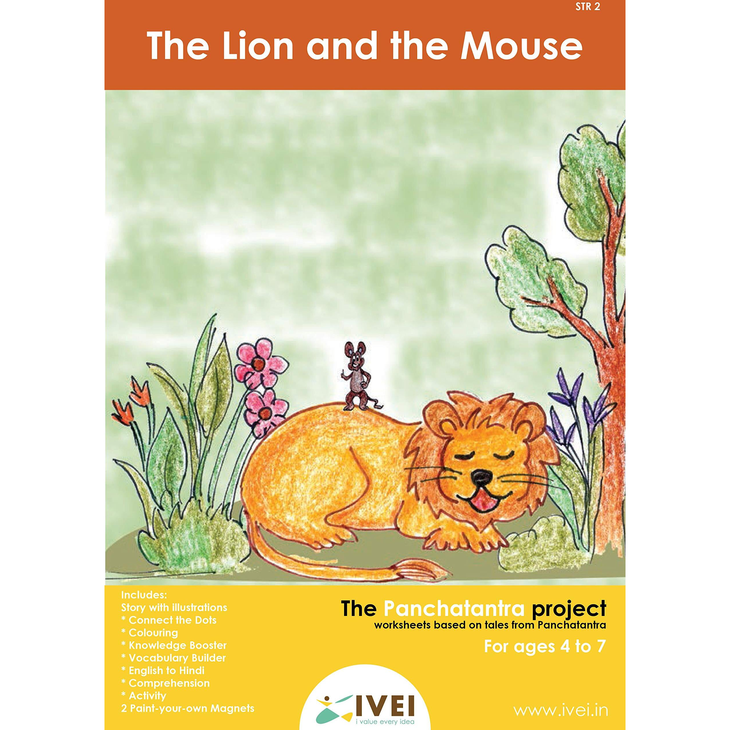 Ivei Panchatantra Kids Learning Book - Workbook And 2 Diy Magnets Of Panchatantra Story - Colouring Activity Worksheets - Creative Fun Activity And Education For Kids - The Lion And The Mouse ( Age 4 To 7 Years )
