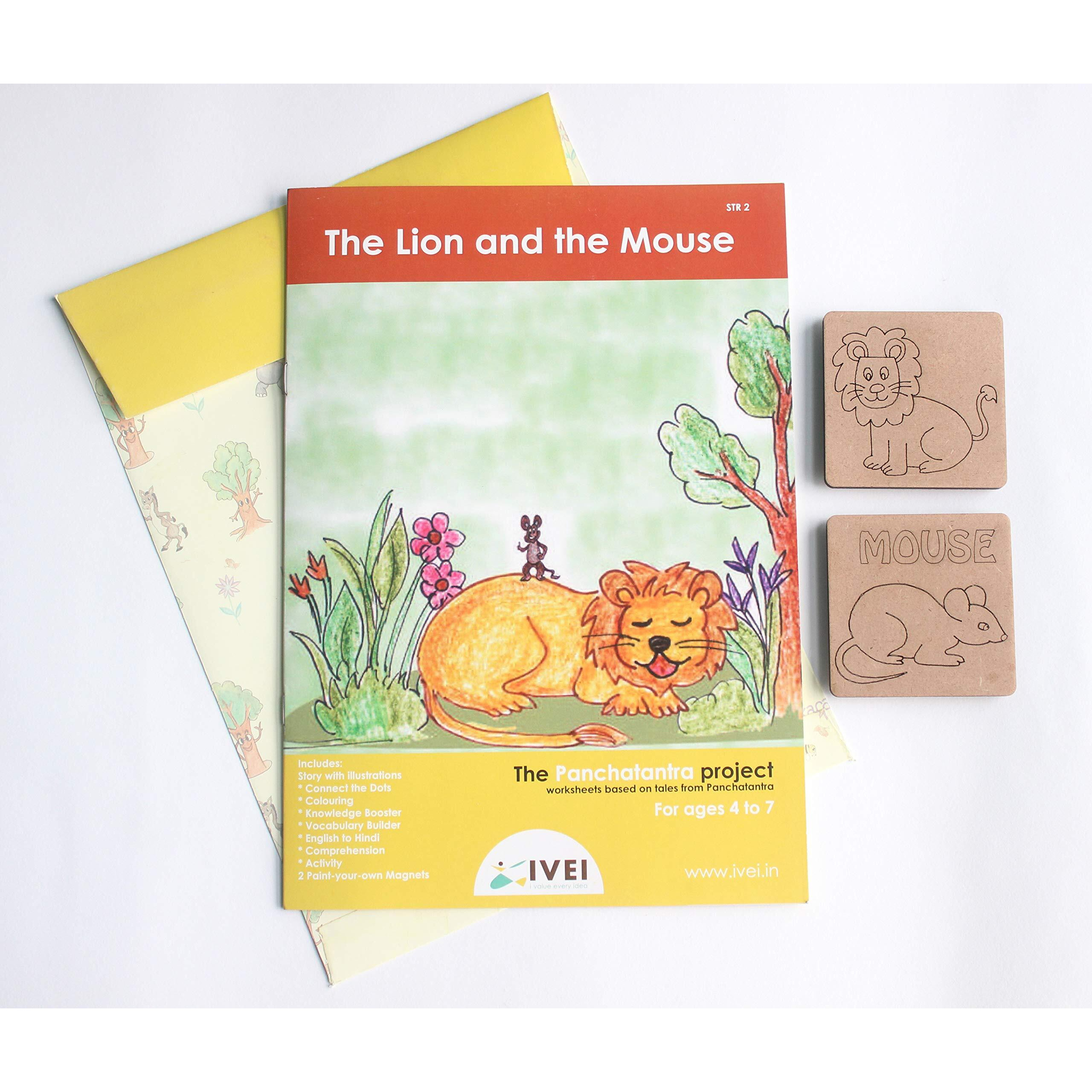 Ivei Panchatantra Kids Learning Book - Workbook And 2 Diy Magnets Of Panchatantra Story - Colouring Activity Worksheets - Creative Fun Activity And Education For Kids - The Lion And The Mouse ( Age 4 To 7 Years )