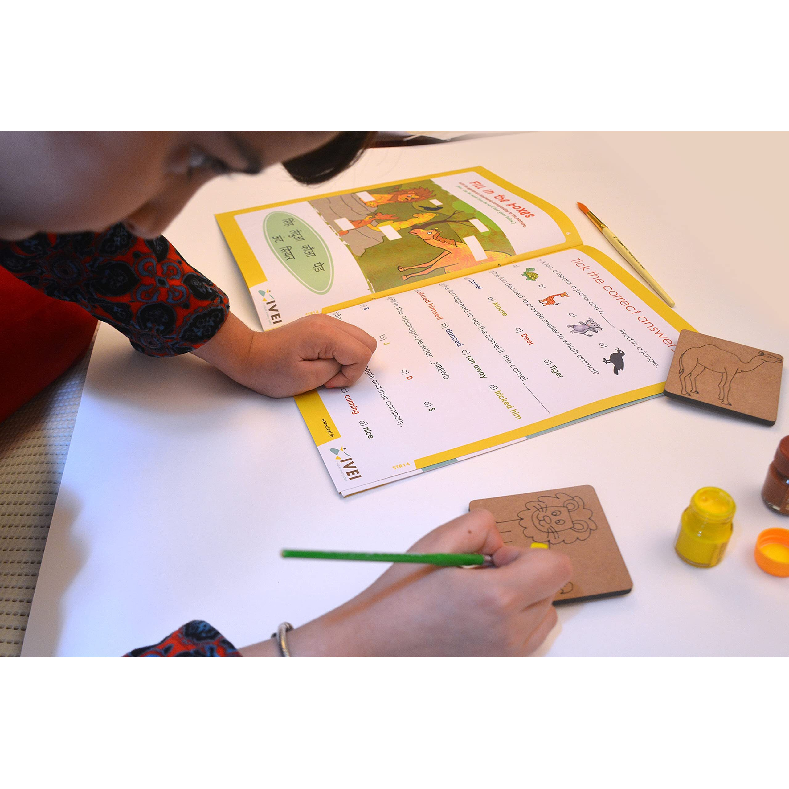 Ivei Panchatantra Kids Learning Book-Workbook And 2 Diy Magnets Of Panchatantra Story-Colouring Activity Worksheets-Creative Activity And Education For Kids-The Lion And The Camel(Age 4 To 7 Years)