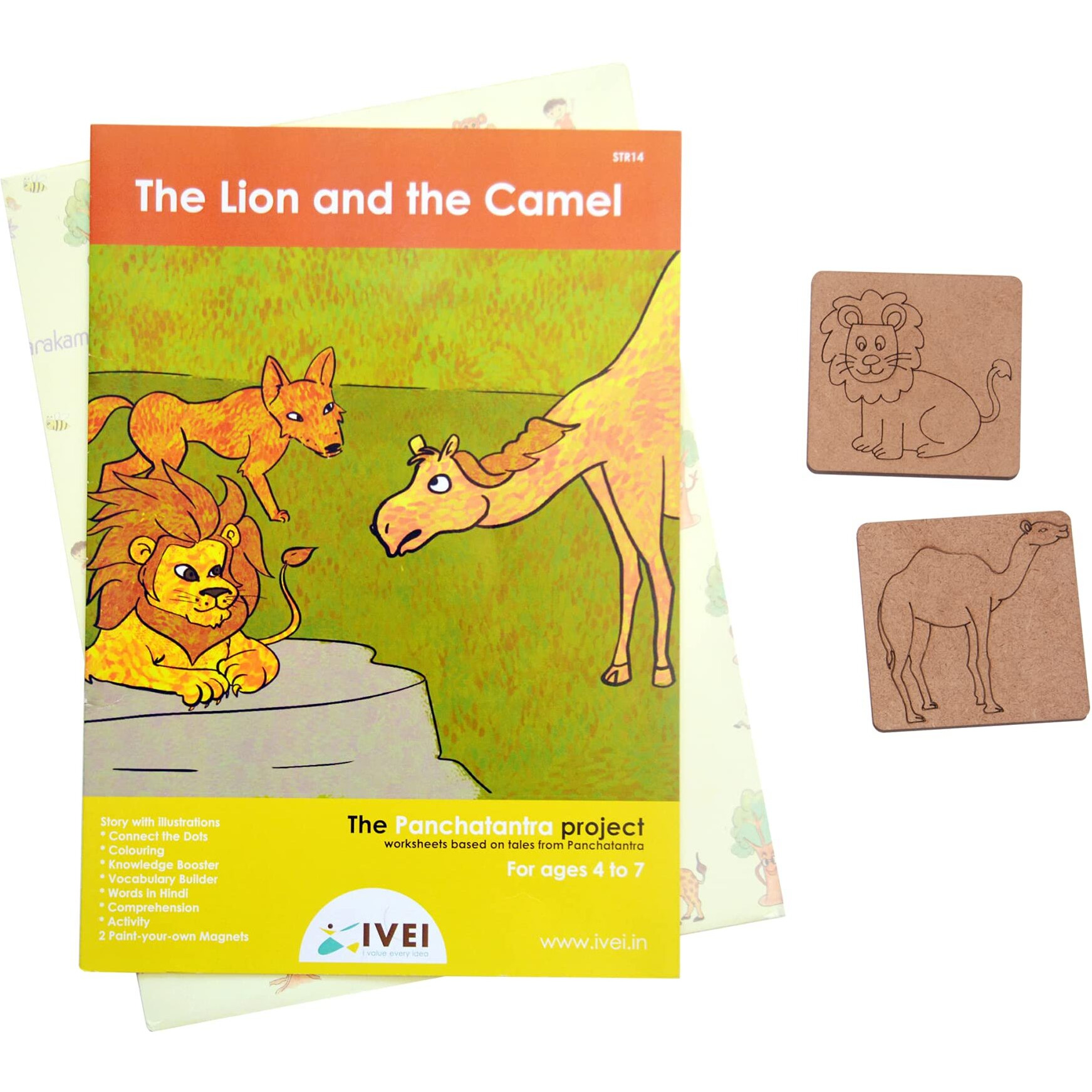 Ivei Panchatantra Kids Learning Book-Workbook And 2 Diy Magnets Of Panchatantra Story-Colouring Activity Worksheets-Creative Activity And Education For Kids-The Lion And The Camel(Age 4 To 7 Years)