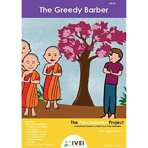 Ivei Panchatantra Story Kids Learning Book - Workbook And 2 Diy Coasters - Colouring Activity Worksheets - Creative Fun Activity And Education For Kids - The Greedy Barber (Age 4 To 7 Years)