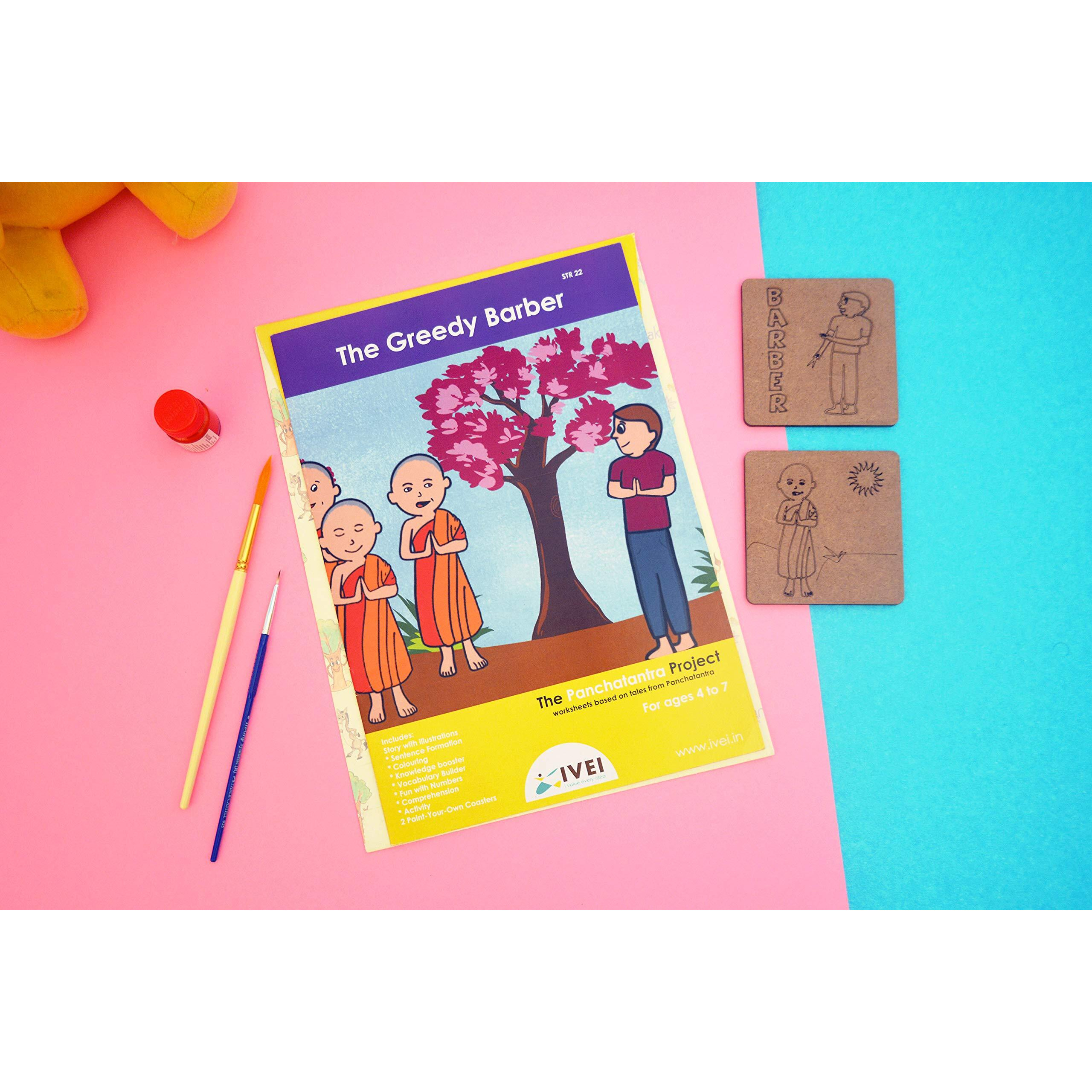 Ivei Panchatantra Story Kids Learning Book - Workbook And 2 Diy Coasters - Colouring Activity Worksheets - Creative Fun Activity And Education For Kids - The Greedy Barber (Age 4 To 7 Years)