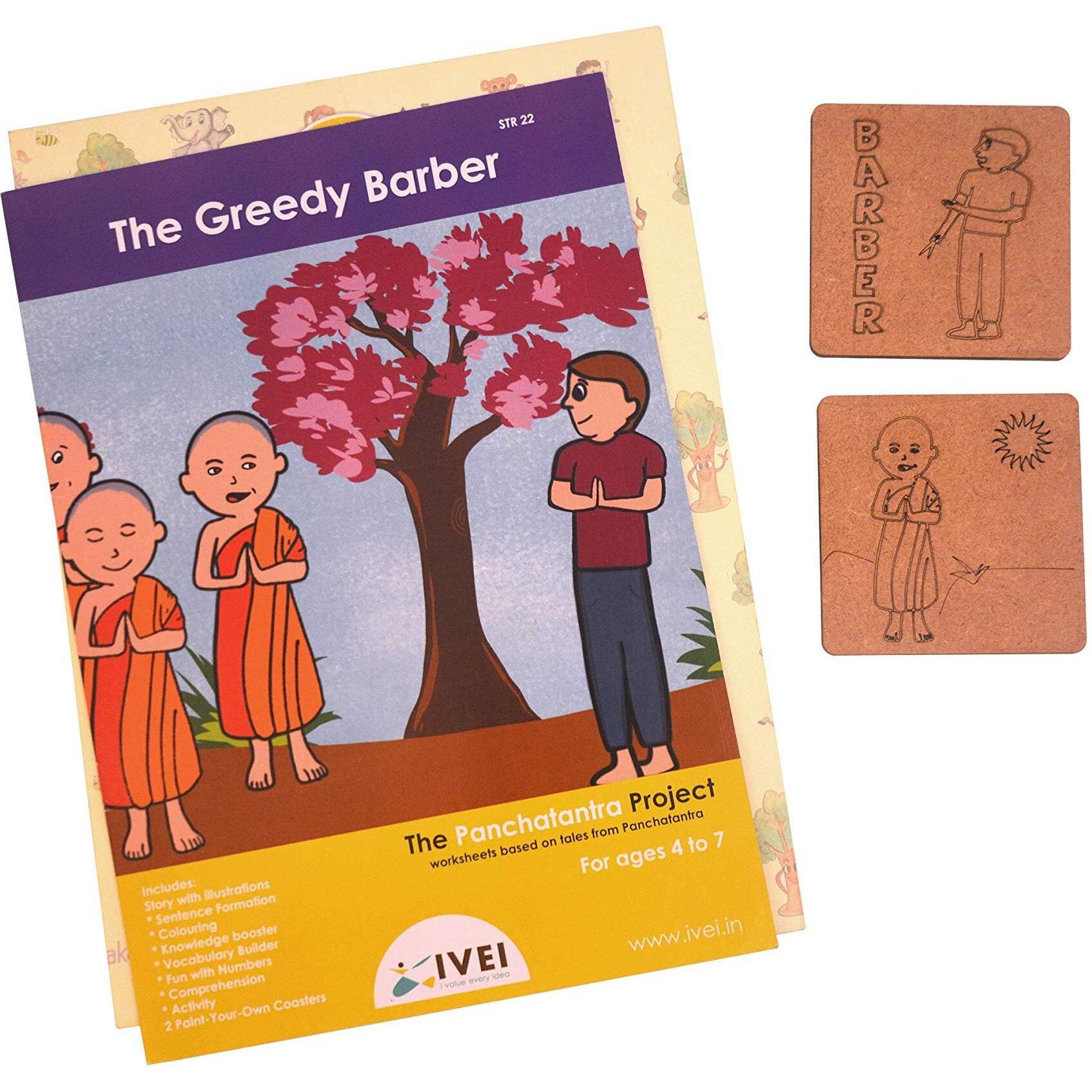 Ivei Panchatantra Story Kids Learning Book - Workbook And 2 Diy Coasters - Colouring Activity Worksheets - Creative Fun Activity And Education For Kids - The Greedy Barber (Age 4 To 7 Years)