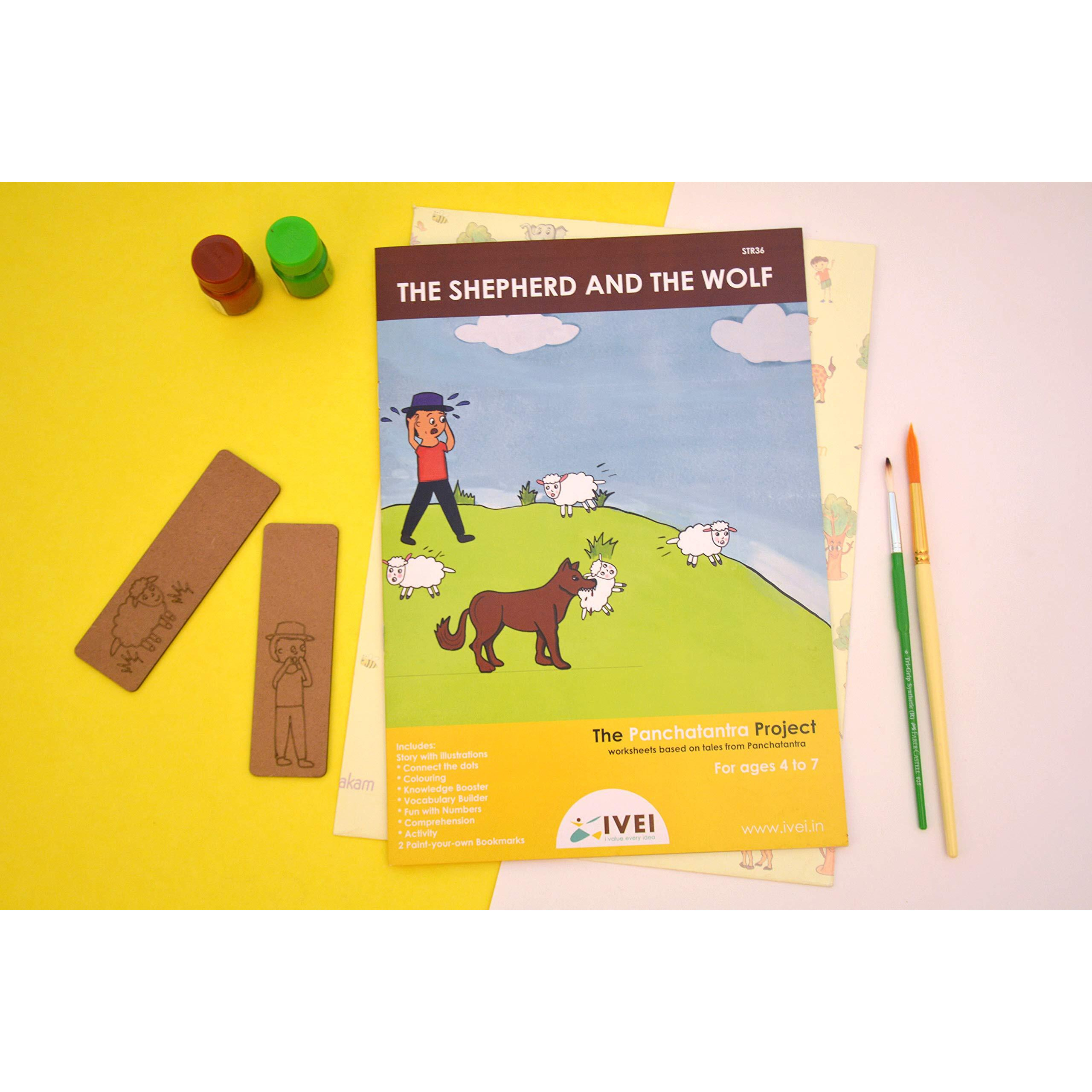 Ivei Panchatantra Story Kids Learning Book - Workbook And 2 Diy Bookmarks - Colouring Activity Worksheets - Creative Fun Activity And Education For Kids - The Shepherd And The Wolf (Age 4 To 7 Years)