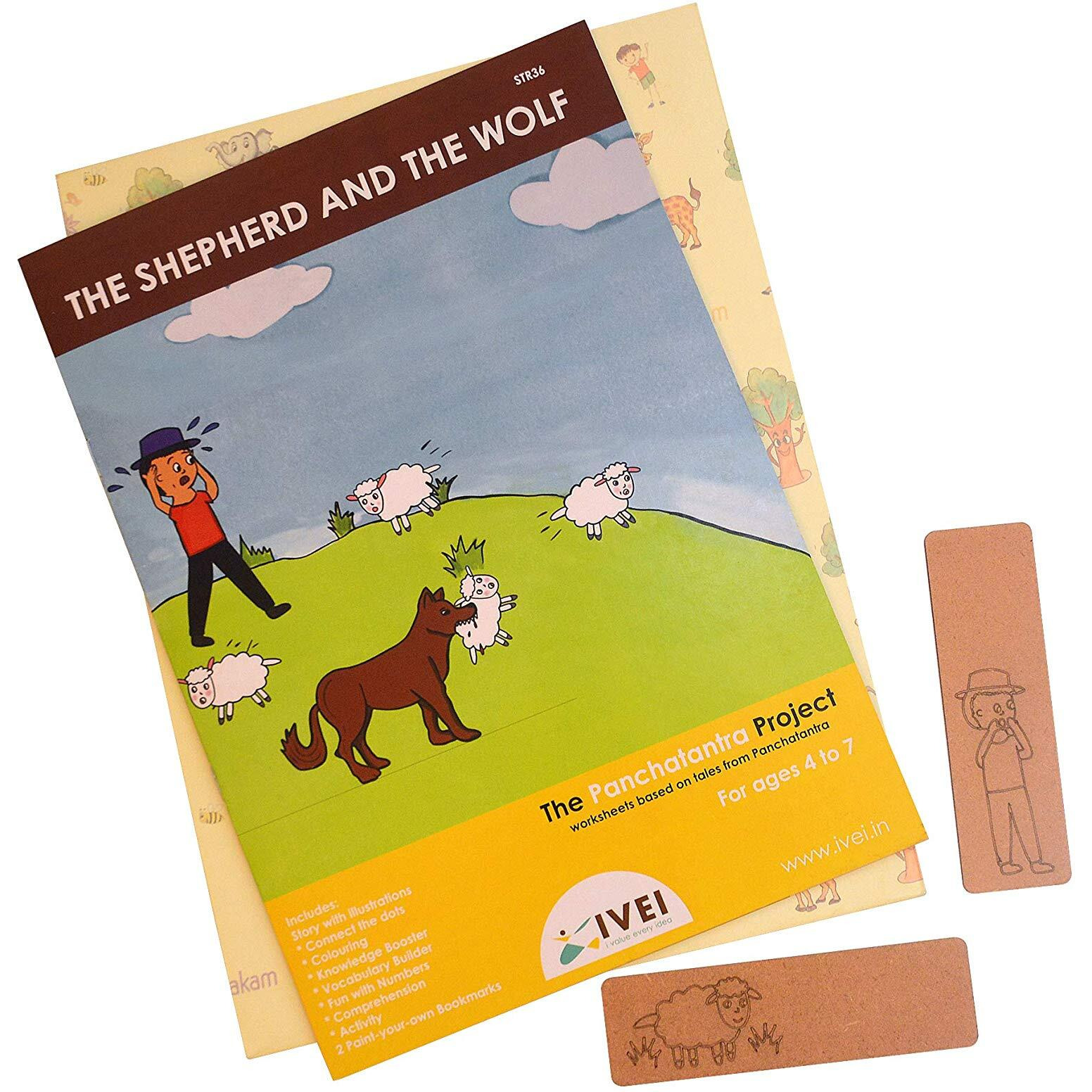 Ivei Panchatantra Story Kids Learning Book - Workbook And 2 Diy Bookmarks - Colouring Activity Worksheets - Creative Fun Activity And Education For Kids - The Shepherd And The Wolf (Age 4 To 7 Years)