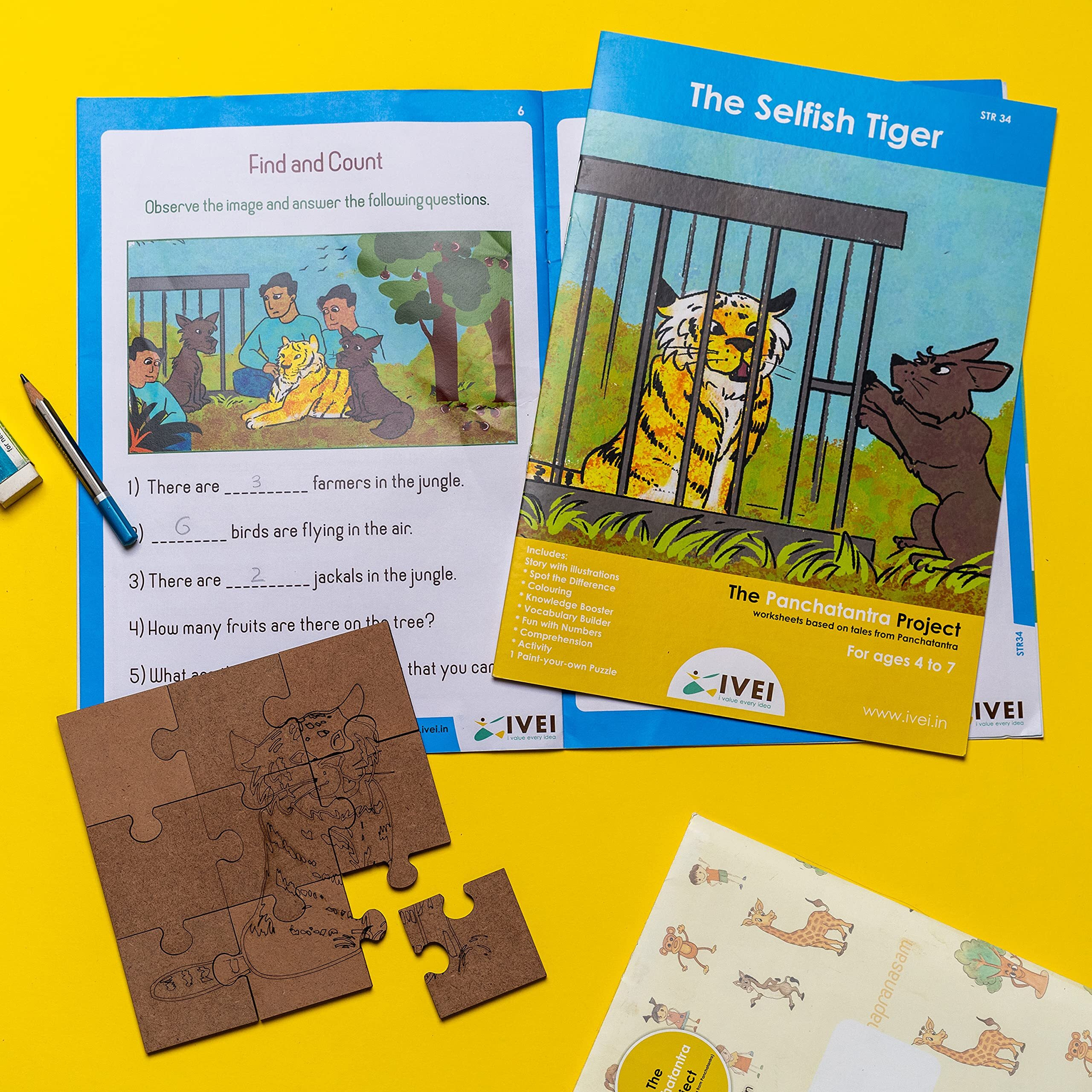 Ivei Panchatantra Story Kids Learning Book - Workbook And Diy Puzzle - Colouring Activity Worksheets - Creative Fun Activity And Education For Kids - The Selfish Tiger (Age 4 To 7 Years)