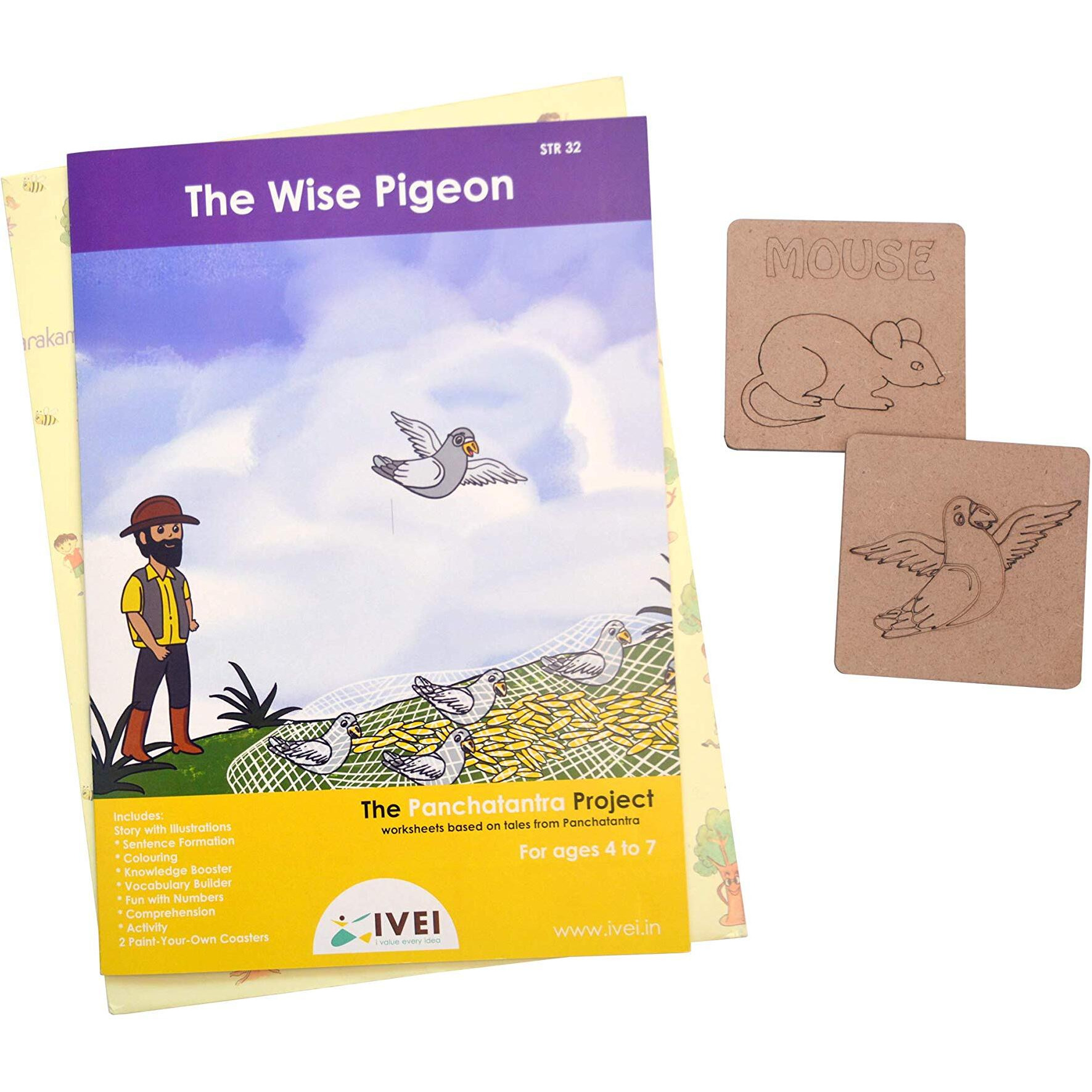 Ivei Panchatantra Story Kids Learning Book - Workbook And 2 Diy Coasters - Colouring Activity Worksheets - Creative Fun Activity And Education For Kids - The Wise Pigeon (Age 4 To 7 Years)