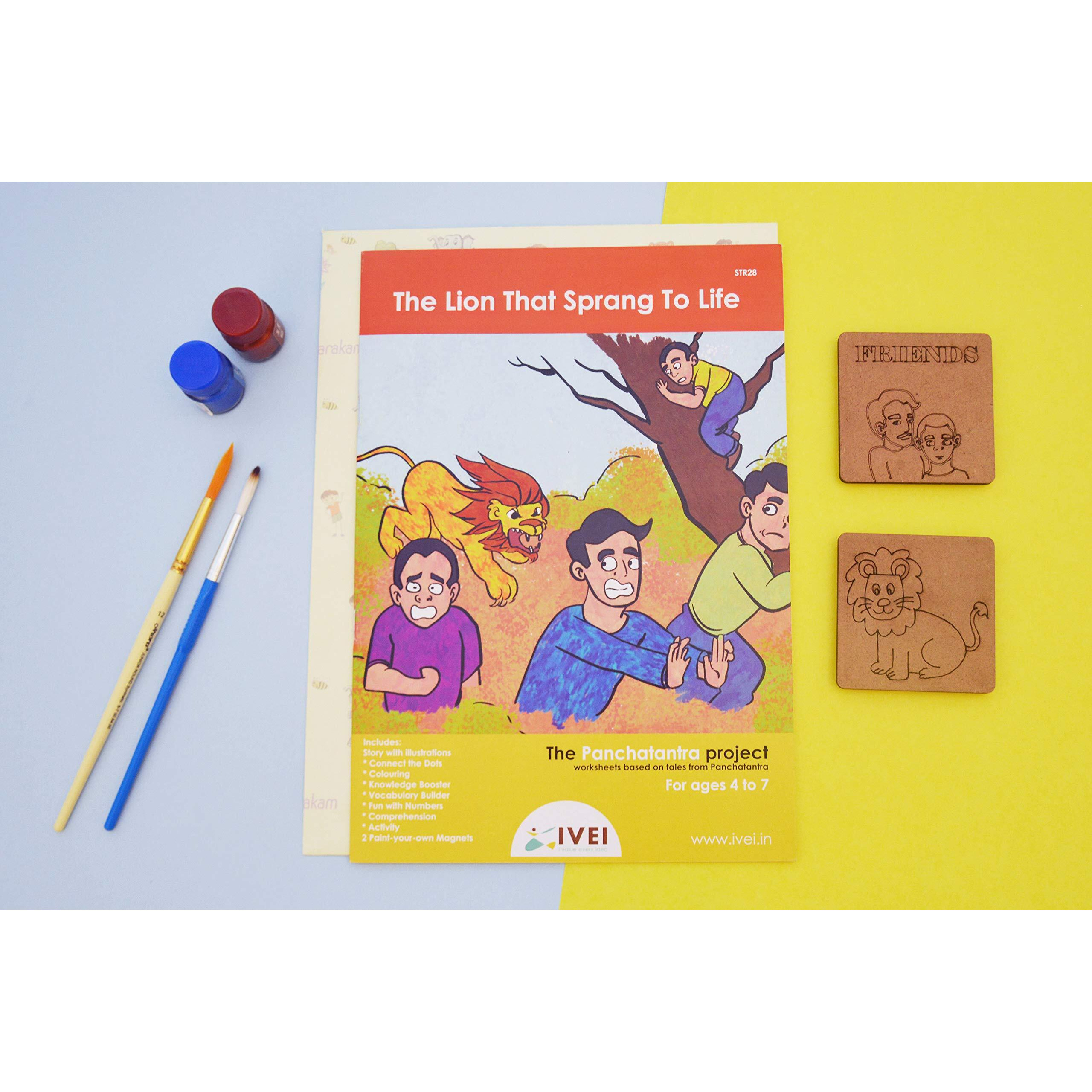 Ivei Panchatantra Story Kids Learning Book - Workbook And 2 Diy Magnets - Colouring Activity Worksheets - Creative Fun Activity And Education For Kids - The Lion That Sprang To Life - Age 4 To 7 Years