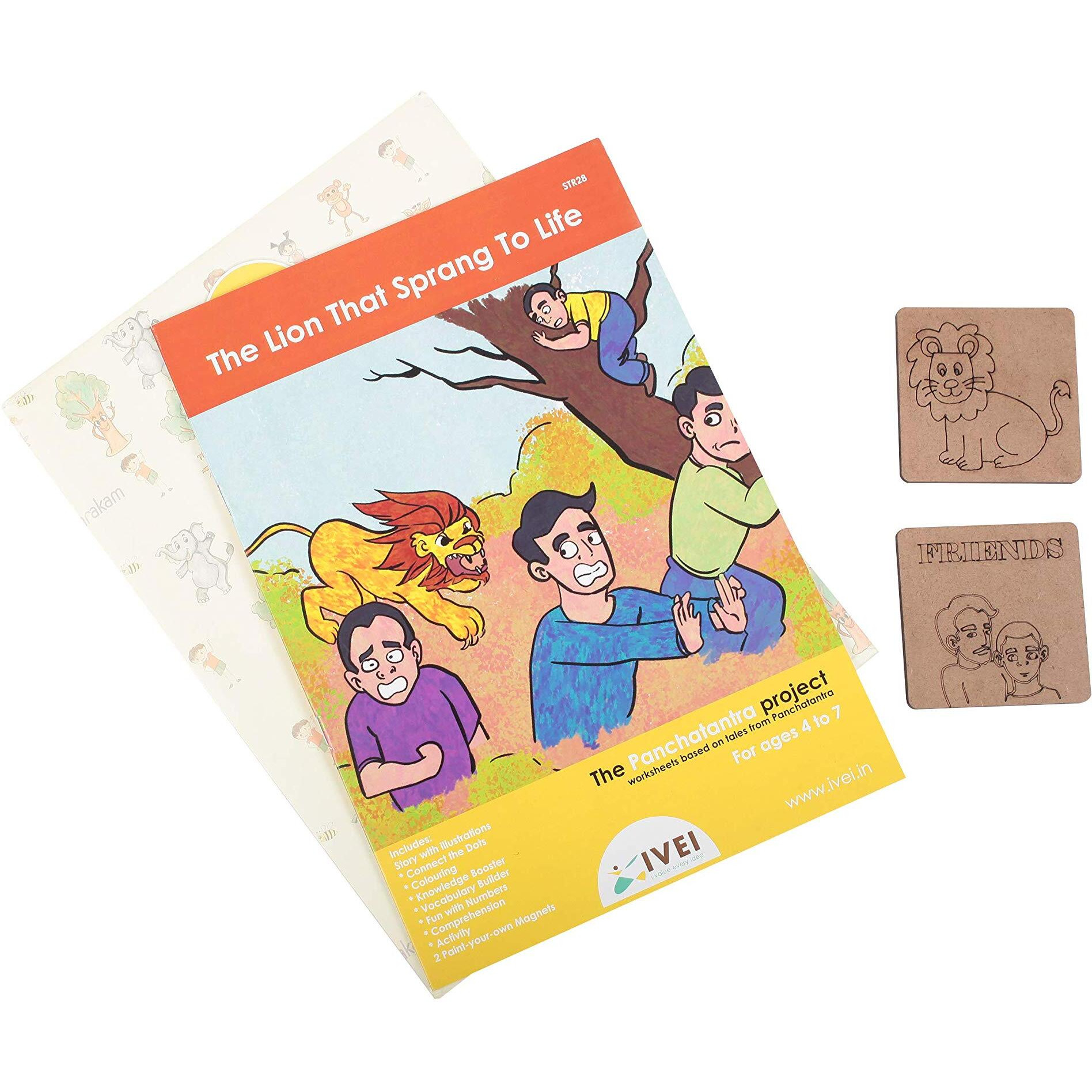 Ivei Panchatantra Story Kids Learning Book - Workbook And 2 Diy Magnets - Colouring Activity Worksheets - Creative Fun Activity And Education For Kids - The Lion That Sprang To Life - Age 4 To 7 Years