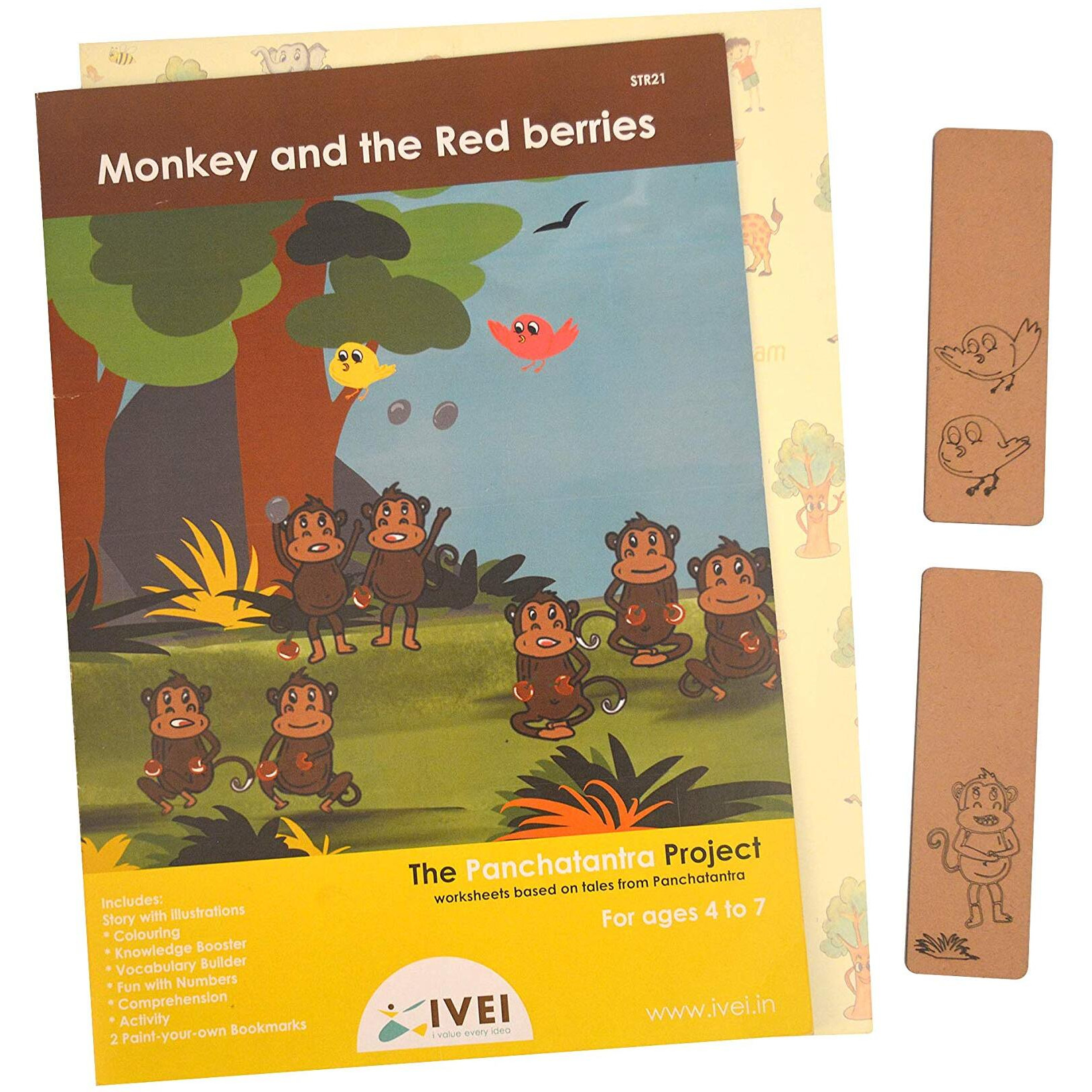 Ivei Panchatantra Story Kids Learning Book - Workbook And 2 Diy Bookmarks - Colouring Worksheets - Creative Fun Activity And Education For Kids - The Monkeys And The Red Berries - Age 4 To 7 Years