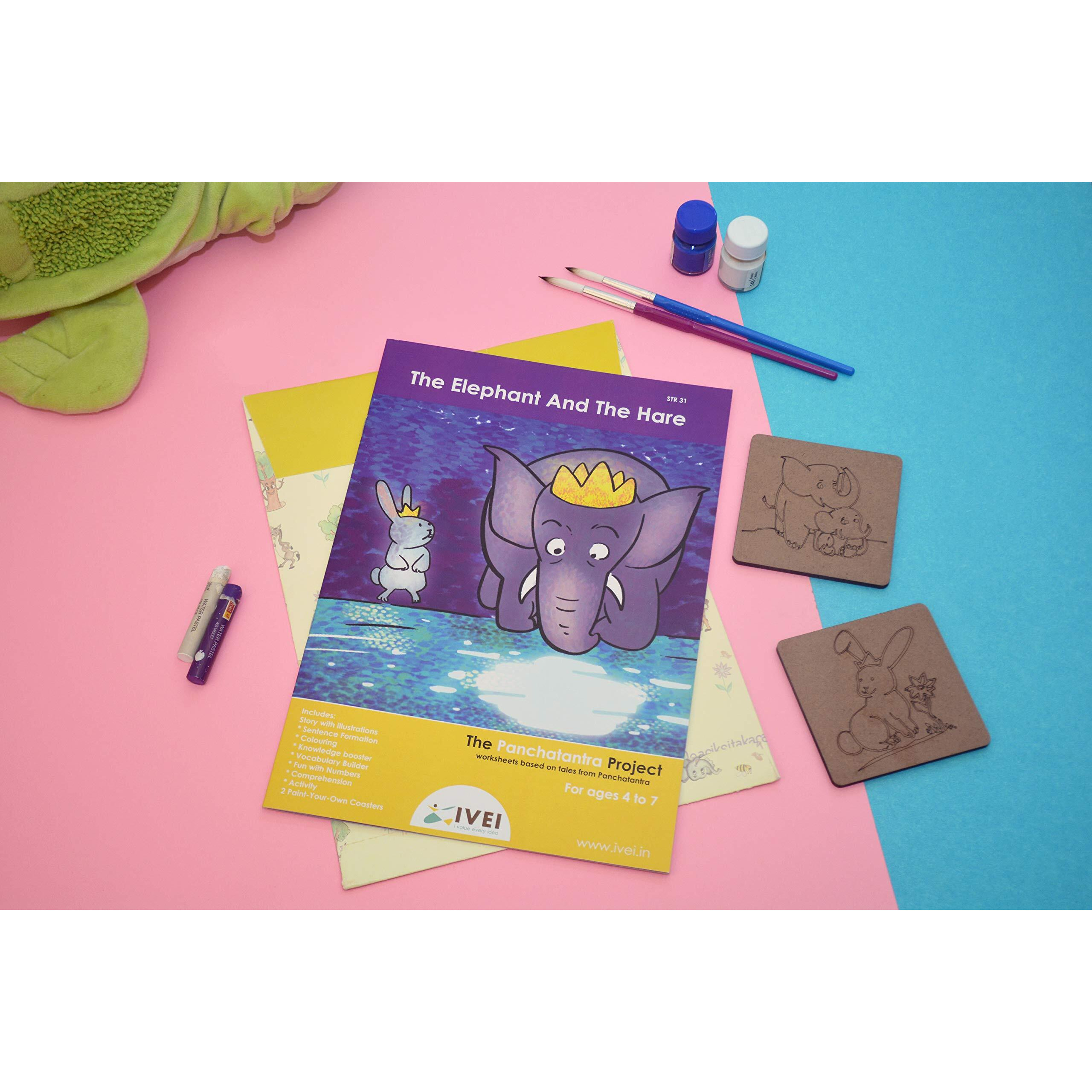 Ivei Panchatantra Story Kids Learning Book - Workbook And 2 Diy Coasters - Colouring Activity Worksheets - Creative Fun Activity And Education For Kids - The Elephant And The Hare (Age 4 To 7 Years)