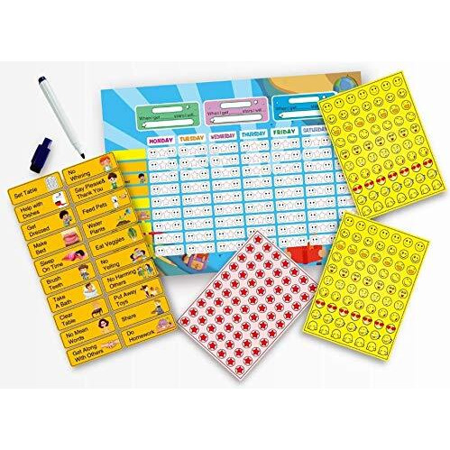 Skylofts Magnetic Resposibility Chart Behaviour Reward Chart Self-Adhesive For Kids With 20 Responsibility Magnets, 210 Star/Emoji Stickers & 2 Erasable Pens Learning Toys For Kids