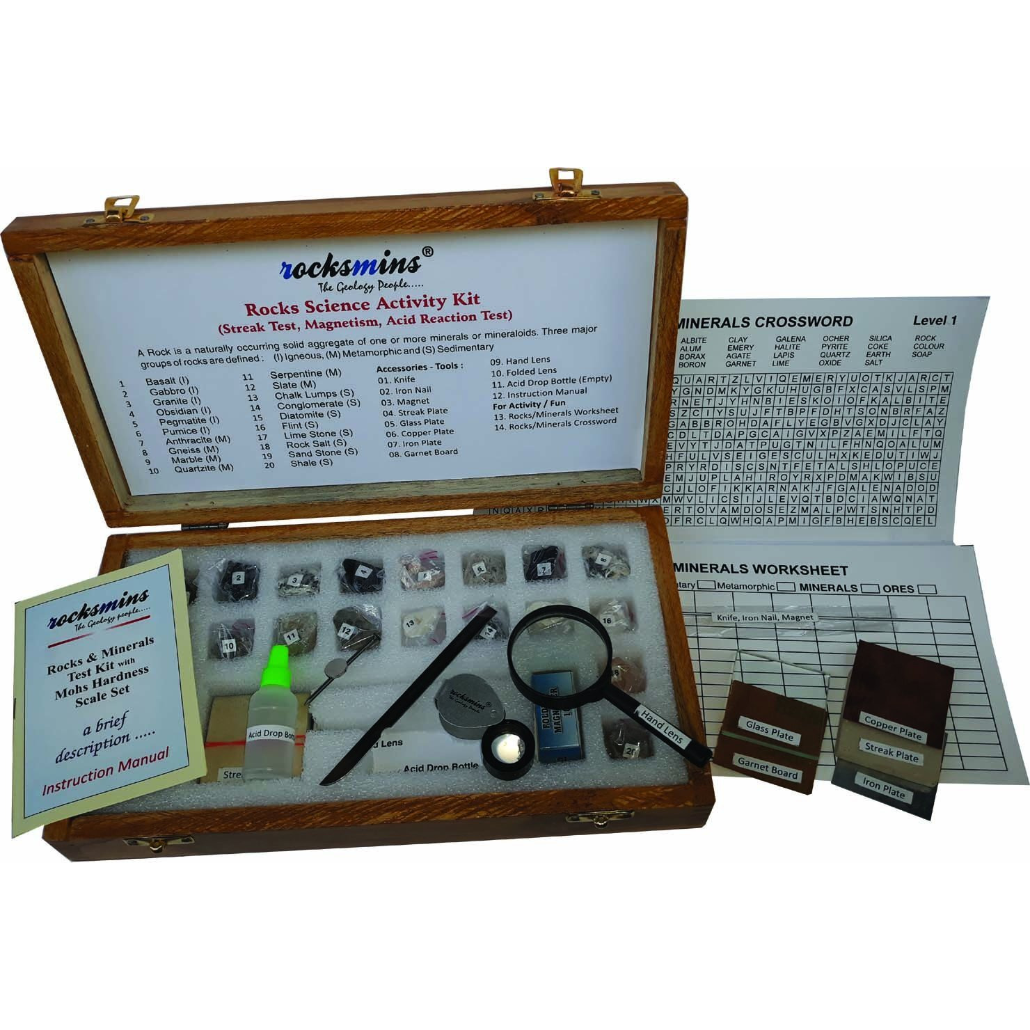 Rocksmins Science Activity Kit Ro20Acwb In Wooden Box With Testing Tools, Worksheet, Minerals Puzzle, 7 Sheets Set Of 20 Handpicked Natural Rock Specimens In Storage Tray For Geology