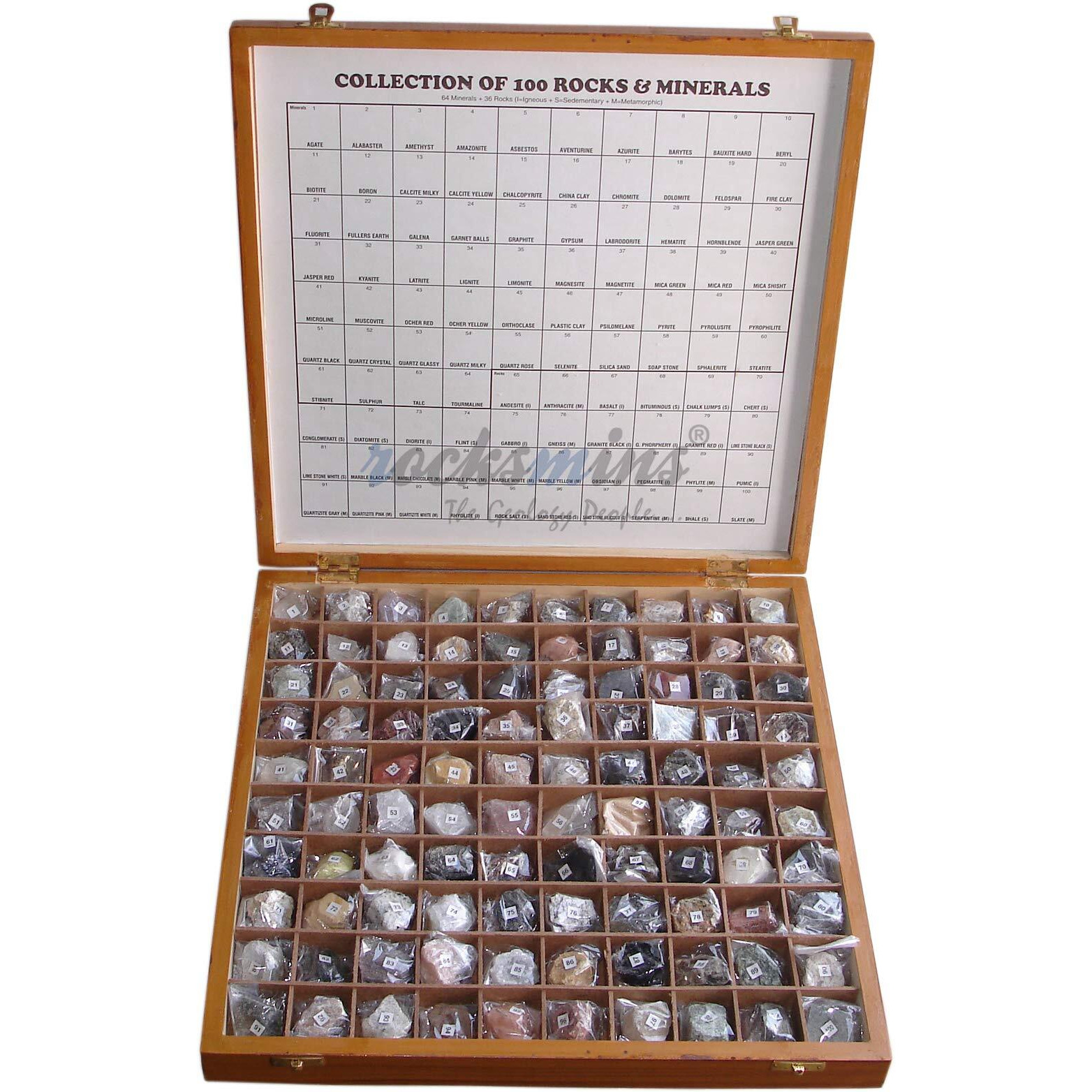 Rocksmins Collection Of 100 Rocks & Minerals In A Heavy Wooden Box For Education Rm100Wb 100 Handpicked Natural Rock And Mineral Specimens In Storage Tray Educational Beautiful Wooden Box For Geology