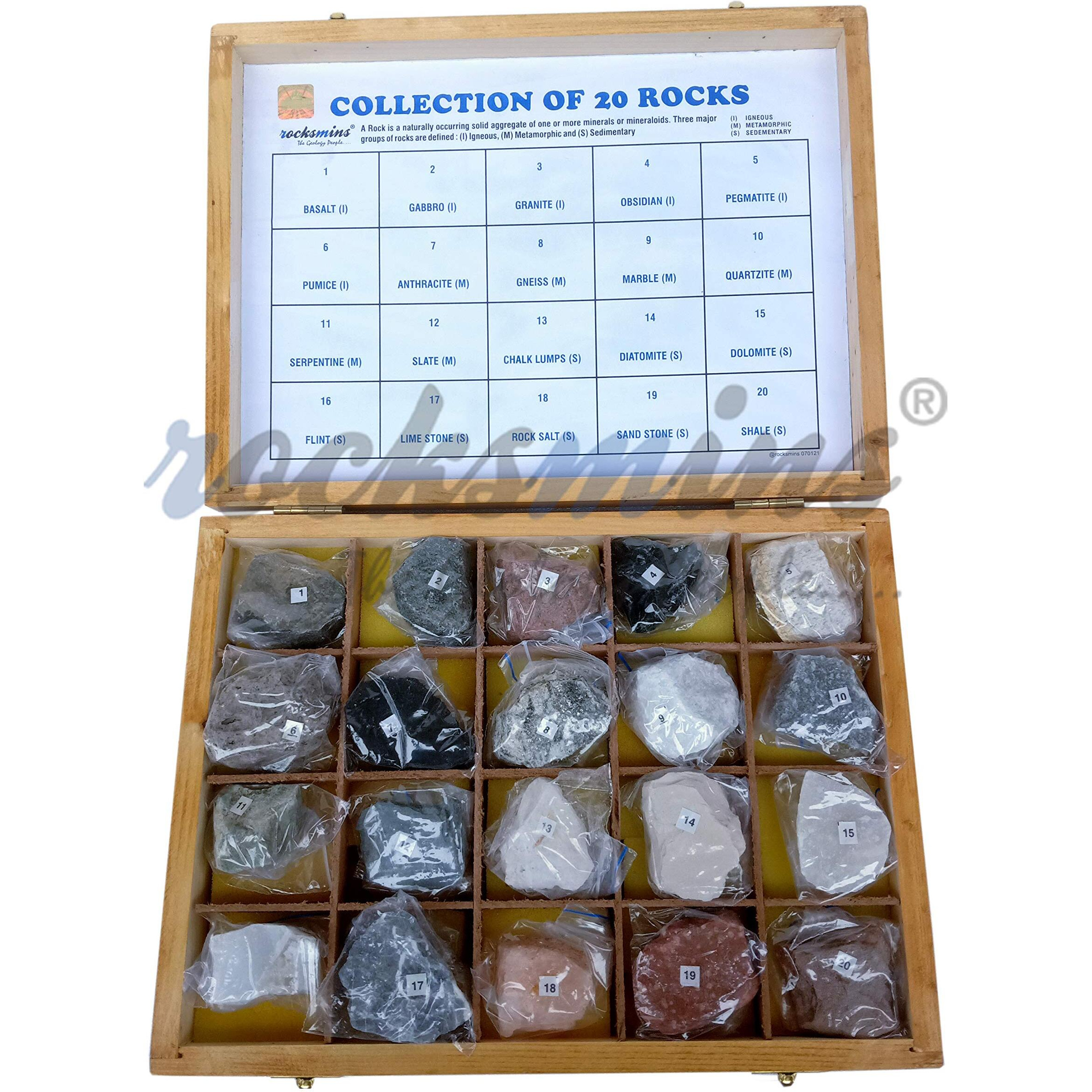 Rocksmins Ro20Wb Collection Of 20 Rocks In Heavy Wooden Box Set Of 20 Large Big Specimen Of Rock Igneous Sedimentary Metamorphic Rock Collection Geology Science Toy Kits Ideal For Mineralogy Petrology