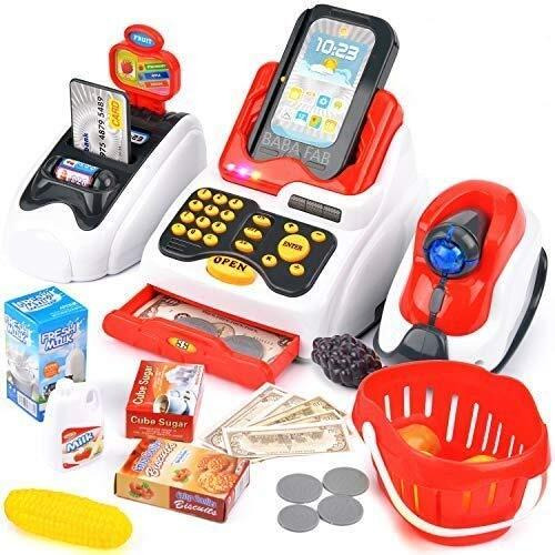 Eyesign Plastic Cash Register With Checkout Scanner, Fruit Card Reader, Credit Card Machine, Play Money And Food Shopping Play Set For Kids (Supermarket Big Red)