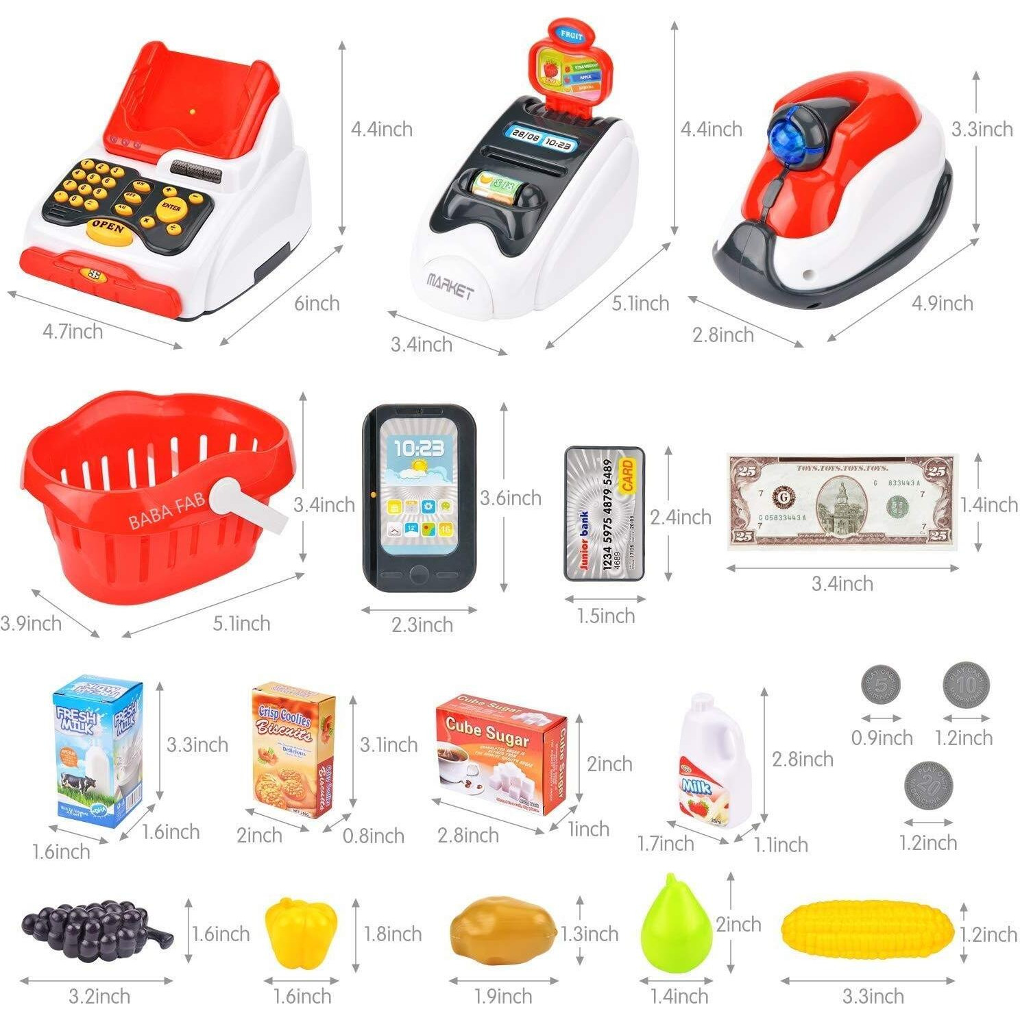 Eyesign Plastic Cash Register With Checkout Scanner, Fruit Card Reader, Credit Card Machine, Play Money And Food Shopping Play Set For Kids (Supermarket Big Red)