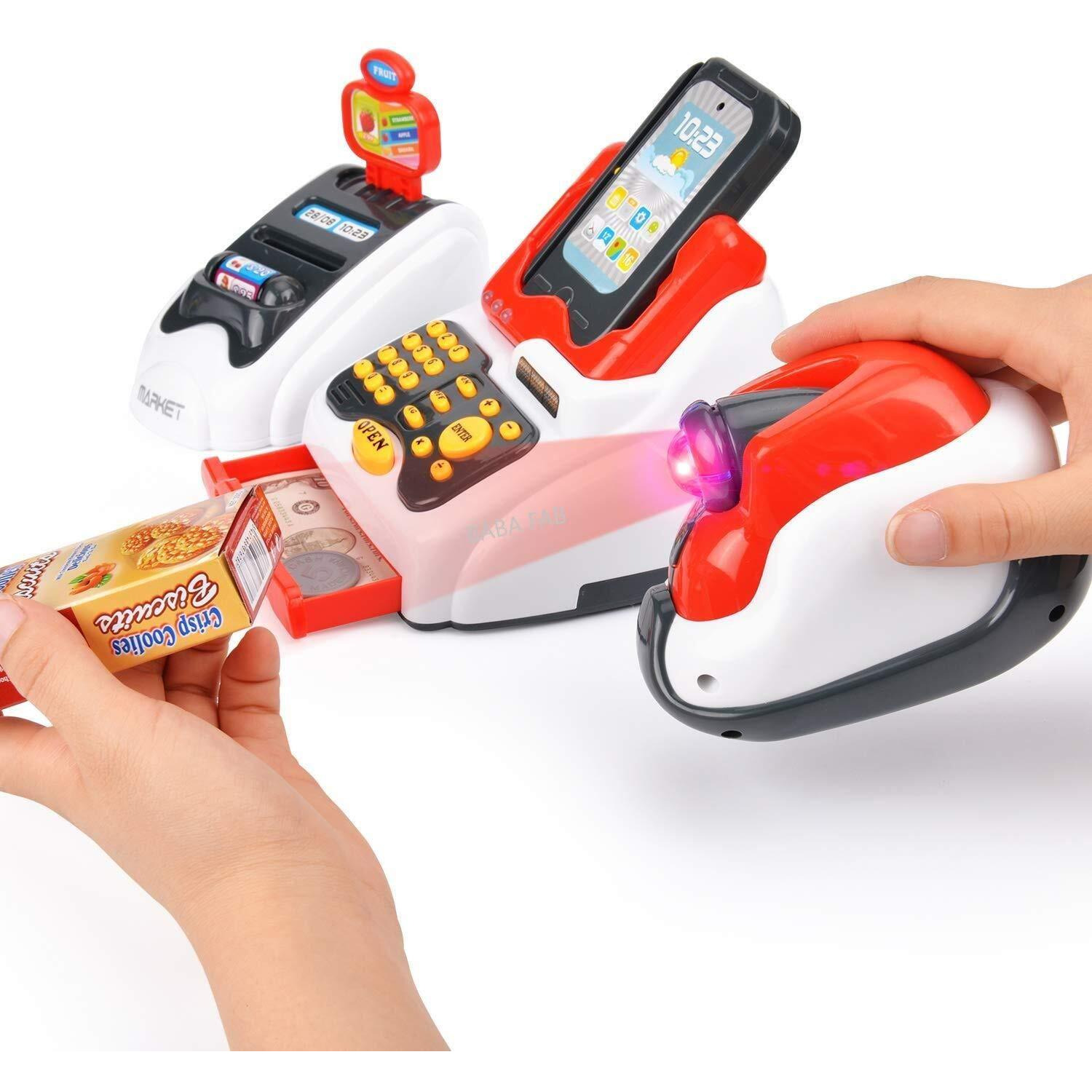 Eyesign Plastic Cash Register With Checkout Scanner, Fruit Card Reader, Credit Card Machine, Play Money And Food Shopping Play Set For Kids (Supermarket Big Red)