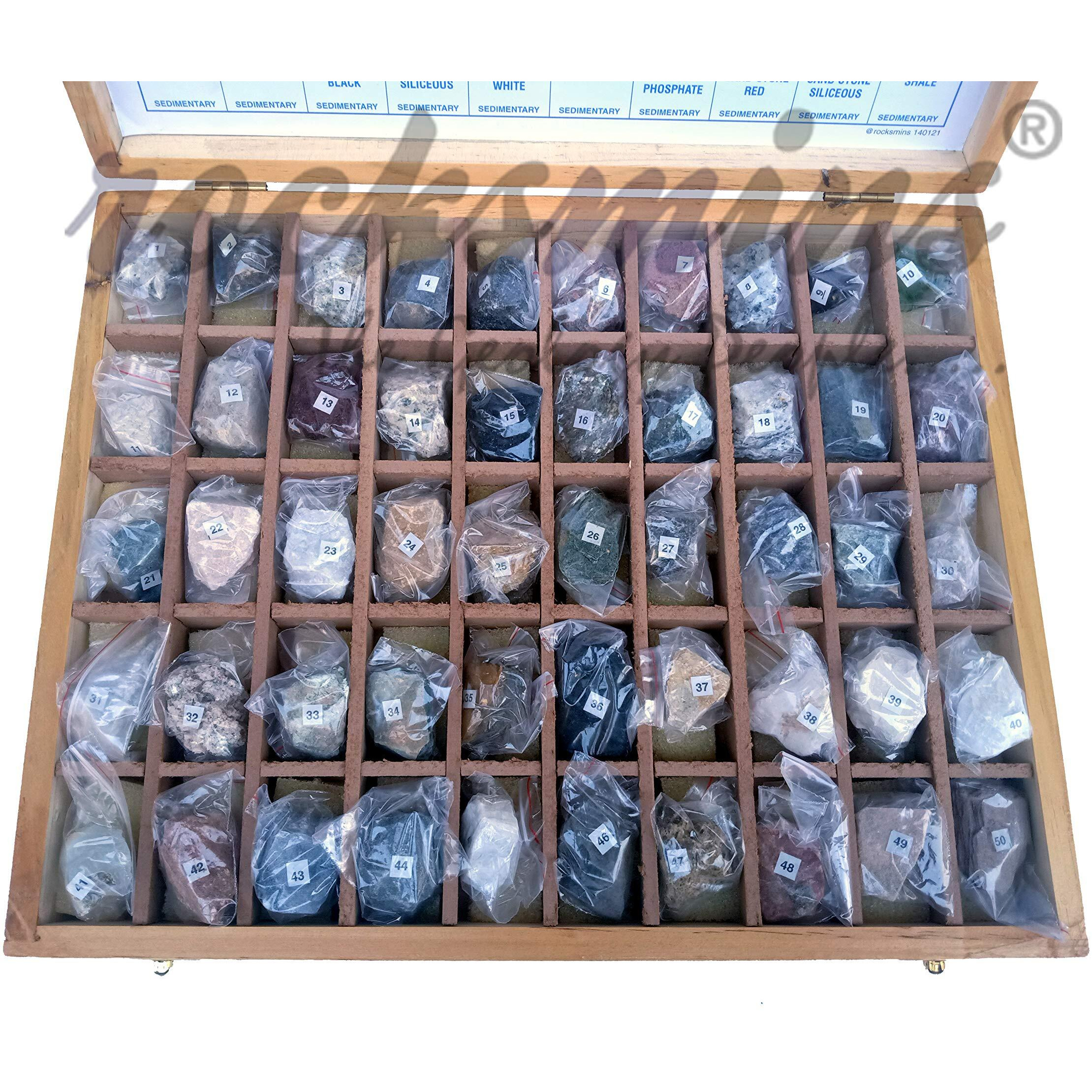 Rocksmins Collection Of 50 Rocks In Wooden Box Ro50Wb With 50 Big Specimen Set Of Rock Igneous Sedimentary Metamorphic Rock Mineral Collection Geology Kits Ideal For Study Of Earth Stone
