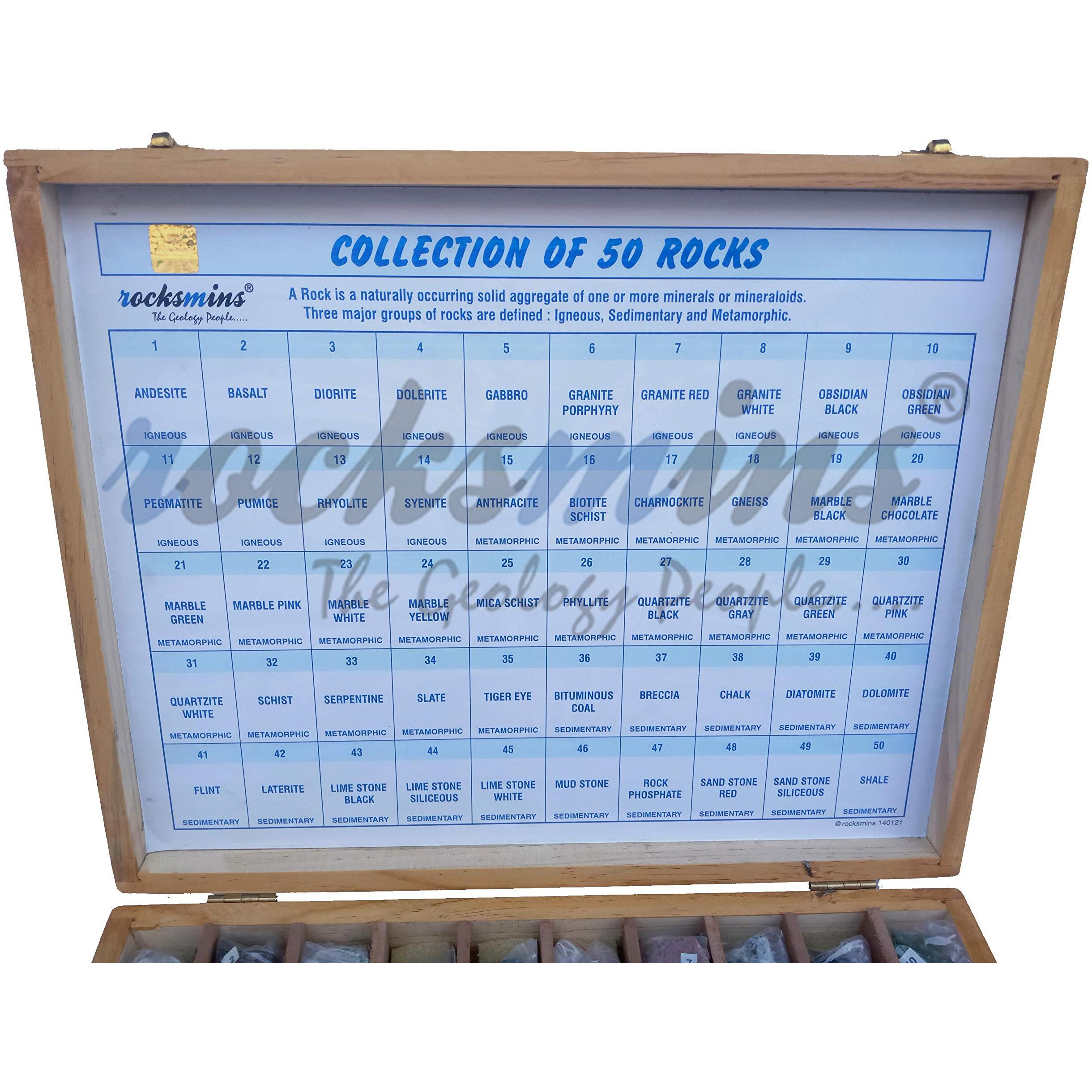 Rocksmins Collection Of 50 Rocks In Wooden Box Ro50Wb With 50 Big Specimen Set Of Rock Igneous Sedimentary Metamorphic Rock Mineral Collection Geology Kits Ideal For Study Of Earth Stone