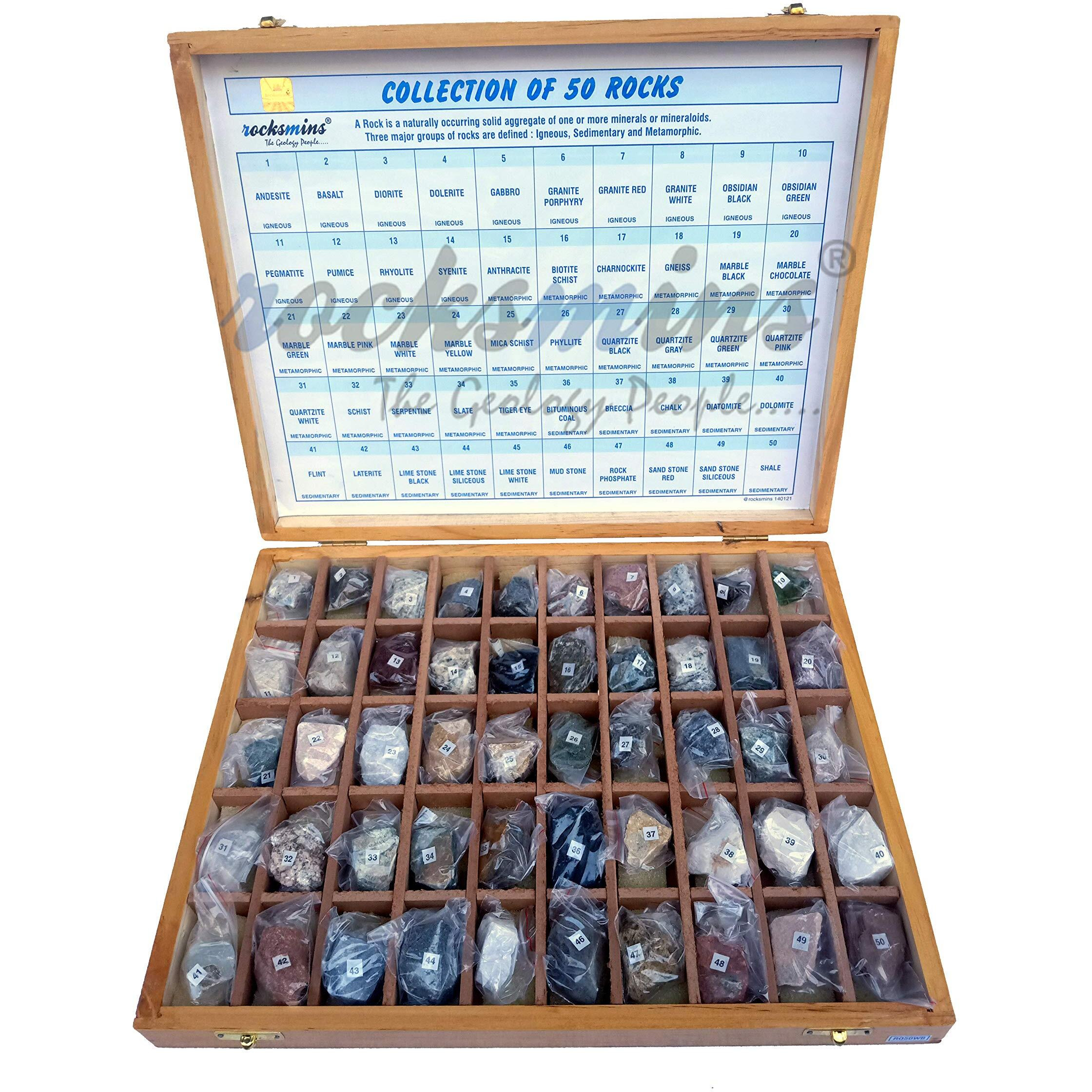 Rocksmins Collection Of 50 Rocks In Wooden Box Ro50Wb With 50 Big Specimen Set Of Rock Igneous Sedimentary Metamorphic Rock Mineral Collection Geology Kits Ideal For Study Of Earth Stone