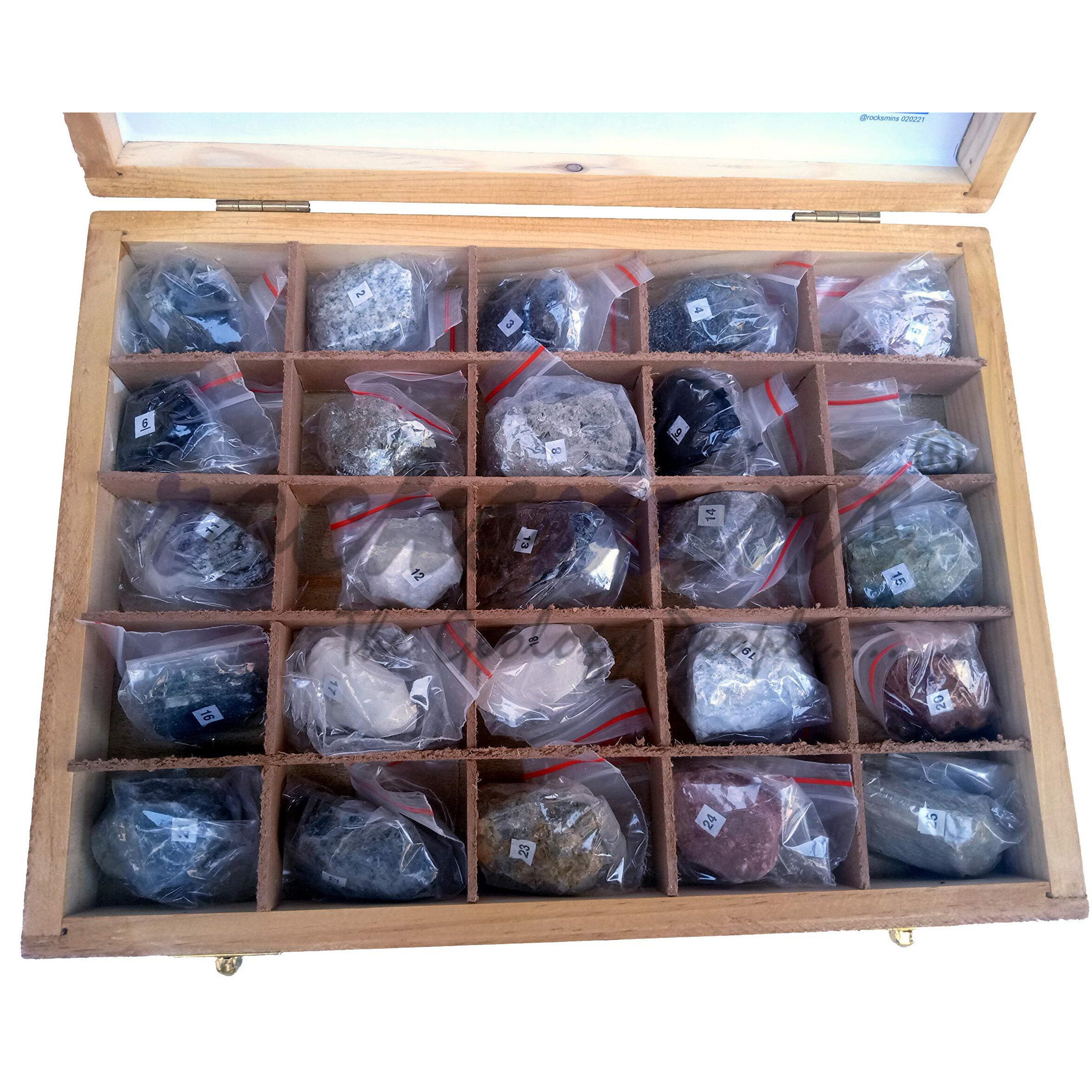 Rocksmins Collection Of 25 Rocks In Wooden Box Ro25Wb With 25 Big Specimen Set Of Rock Igneous Sedimentary Metamorphic Rock Mineral Collection Geology Kits Ideal For Birthday Gift