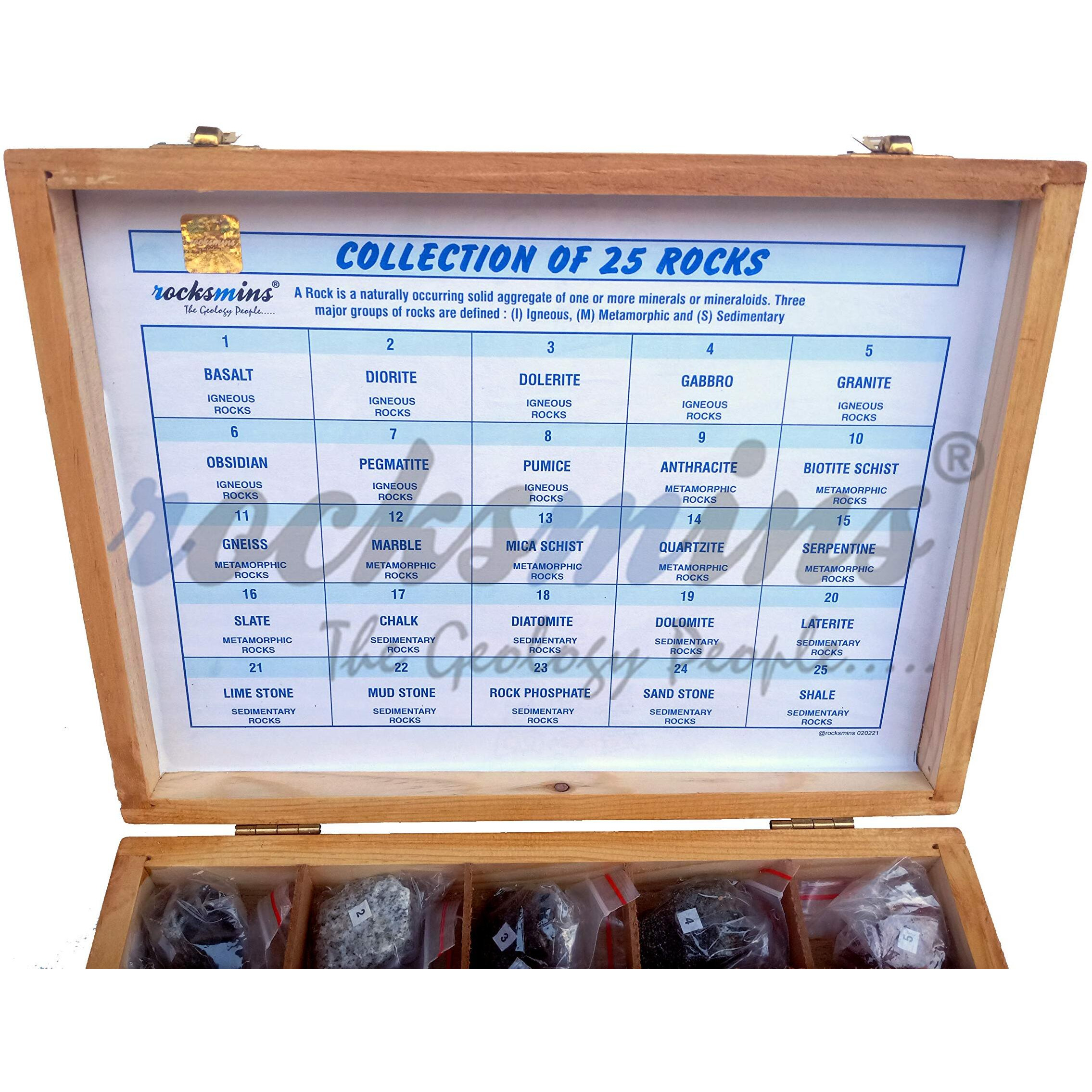 Rocksmins Collection Of 25 Rocks In Wooden Box Ro25Wb With 25 Big Specimen Set Of Rock Igneous Sedimentary Metamorphic Rock Mineral Collection Geology Kits Ideal For Birthday Gift