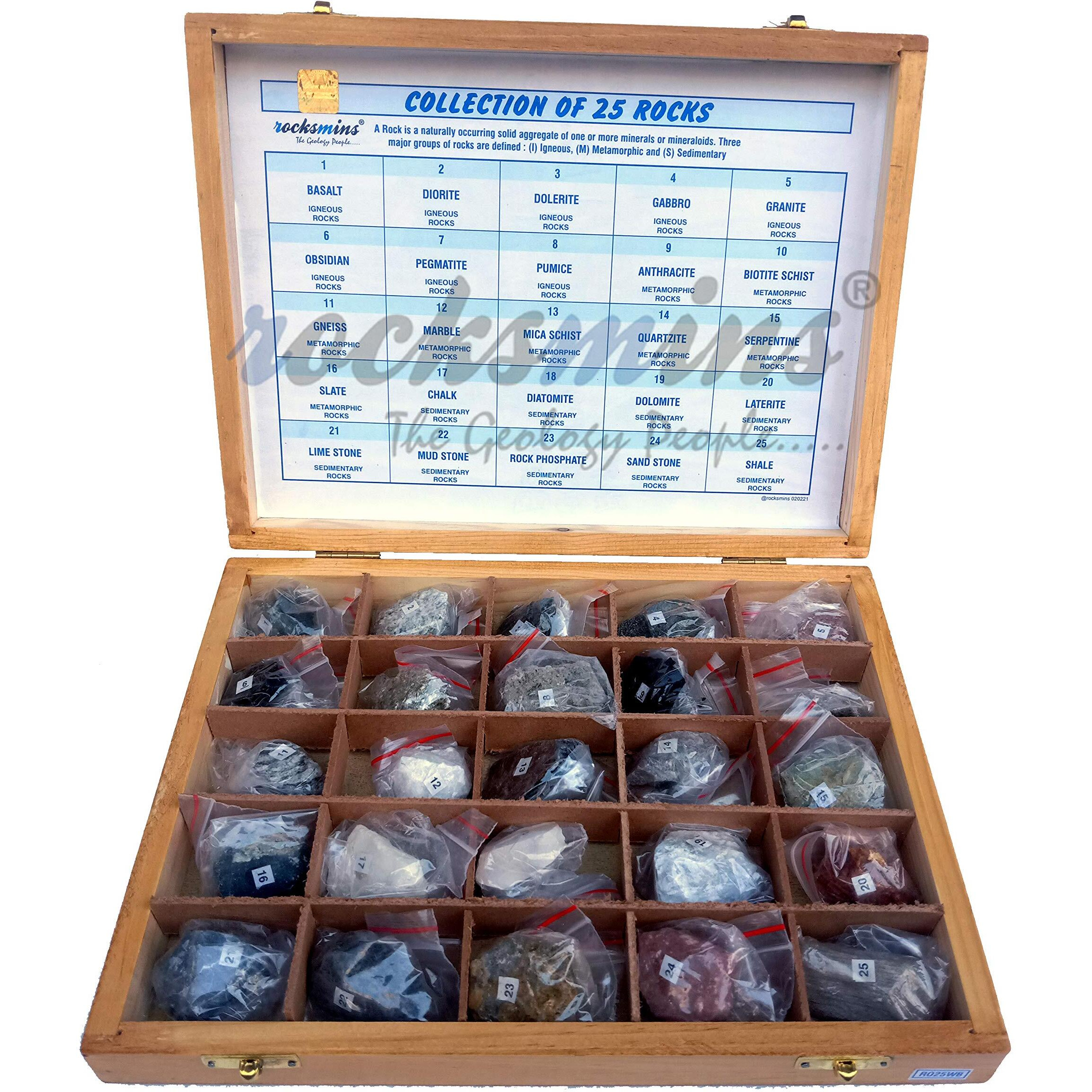 Rocksmins Collection Of 25 Rocks In Wooden Box Ro25Wb With 25 Big Specimen Set Of Rock Igneous Sedimentary Metamorphic Rock Mineral Collection Geology Kits Ideal For Birthday Gift