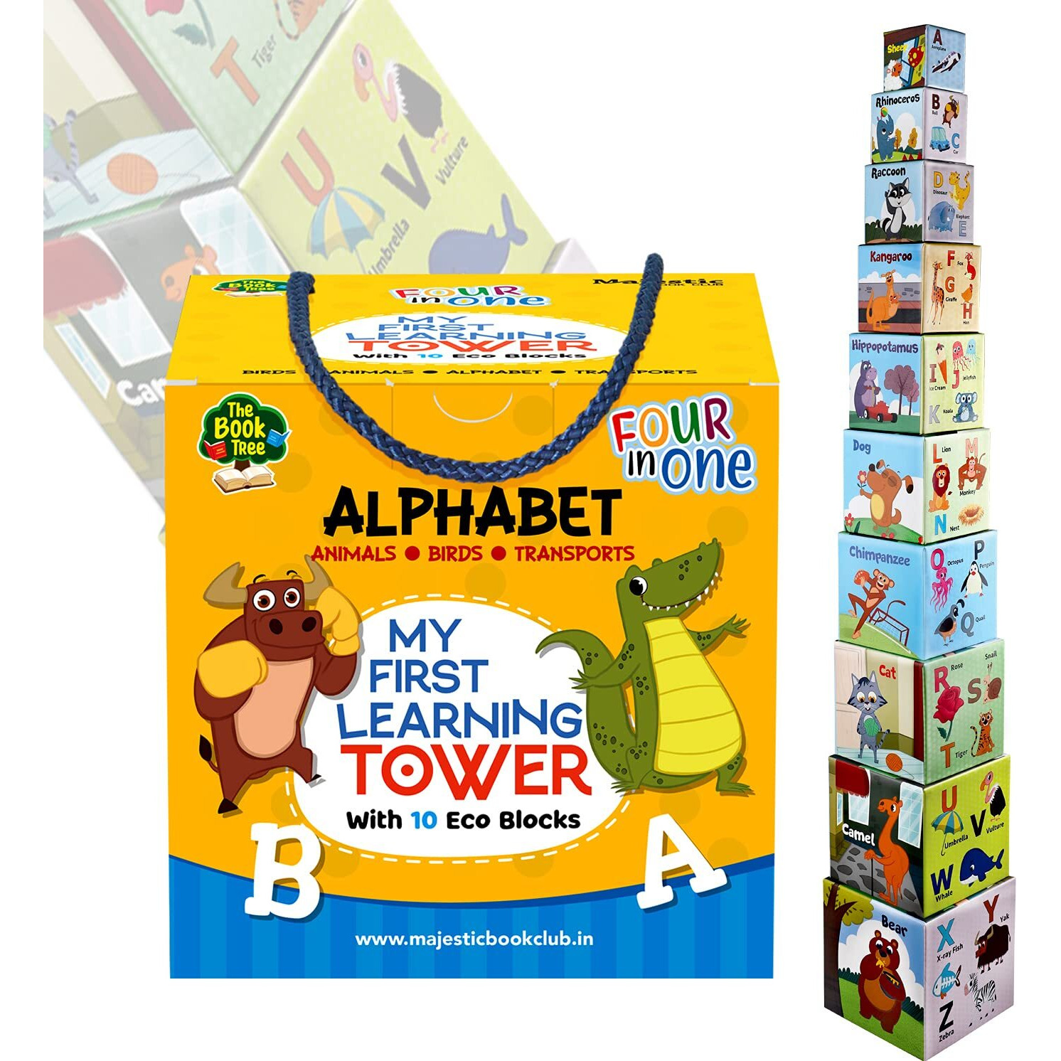 My First Learning Tower - Alphabet I 10 Durable Stacking & Nesting Blocks + 1 Board Book For Early Learning I 4-In-1 Fun And Educational Toy For Toddlers Age 2+ I Montessori Toys By Majestic Book Club
