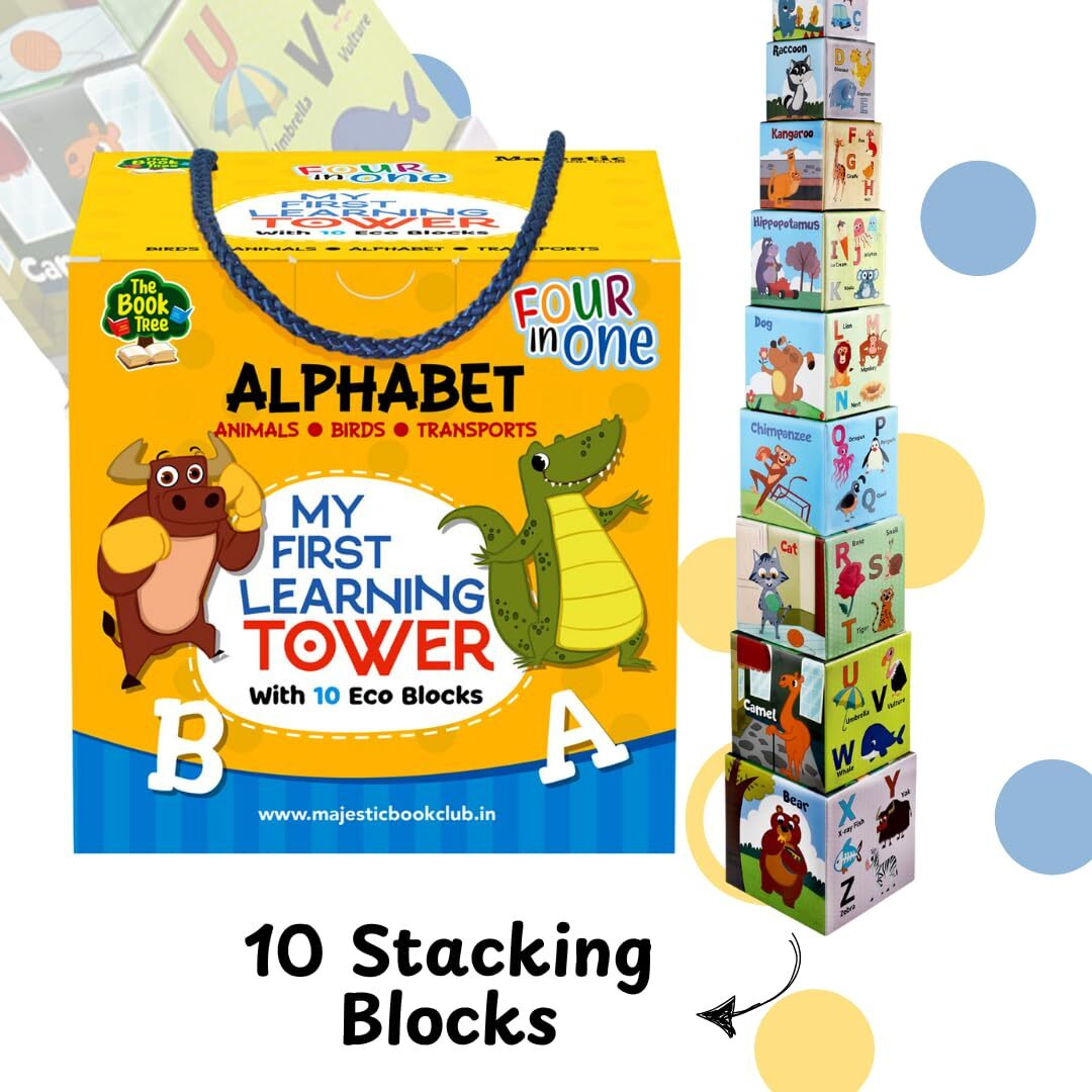 My First Learning Tower - Alphabet I 10 Durable Stacking & Nesting Blocks + 1 Board Book For Early Learning I 4-In-1 Fun And Educational Toy For Toddlers Age 2+ I Montessori Toys By Majestic Book Club