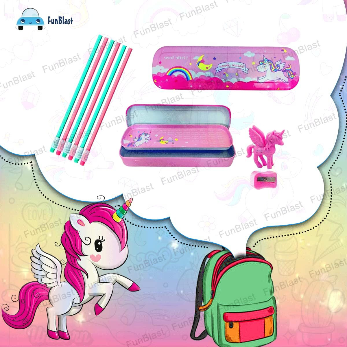Funblast Unicorn Stationary Kit For Girls, Pencil Kit With Pencil Box, Sharpener & Eraser - Stationary Set For Girls/Birthday Gift, Multicolor
