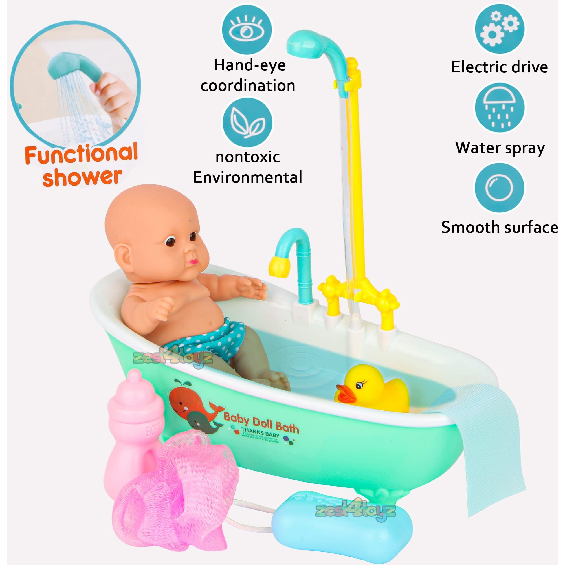 Zest 4 Toyz New Born Baby Doll Bath Time Set Kids Pretend Play Real Bathtub With Detachable Shower Spray And Accessories (Multicolor)
