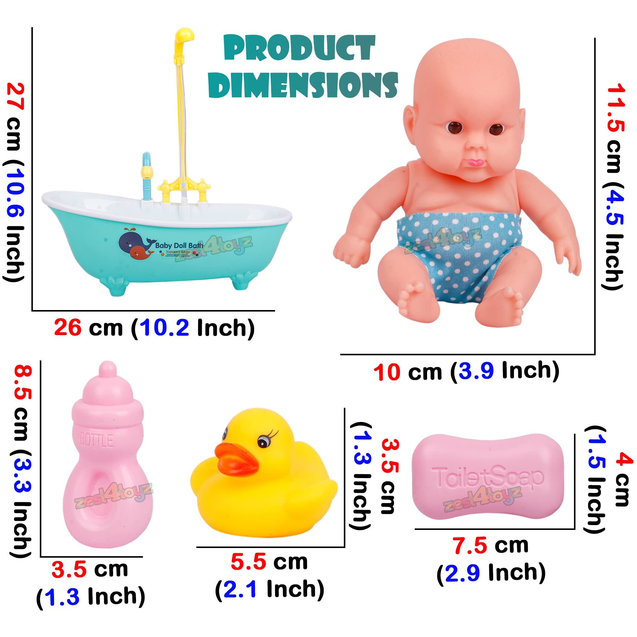 Zest 4 Toyz New Born Baby Doll Bath Time Set Kids Pretend Play Real Bathtub With Detachable Shower Spray And Accessories (Multicolor)