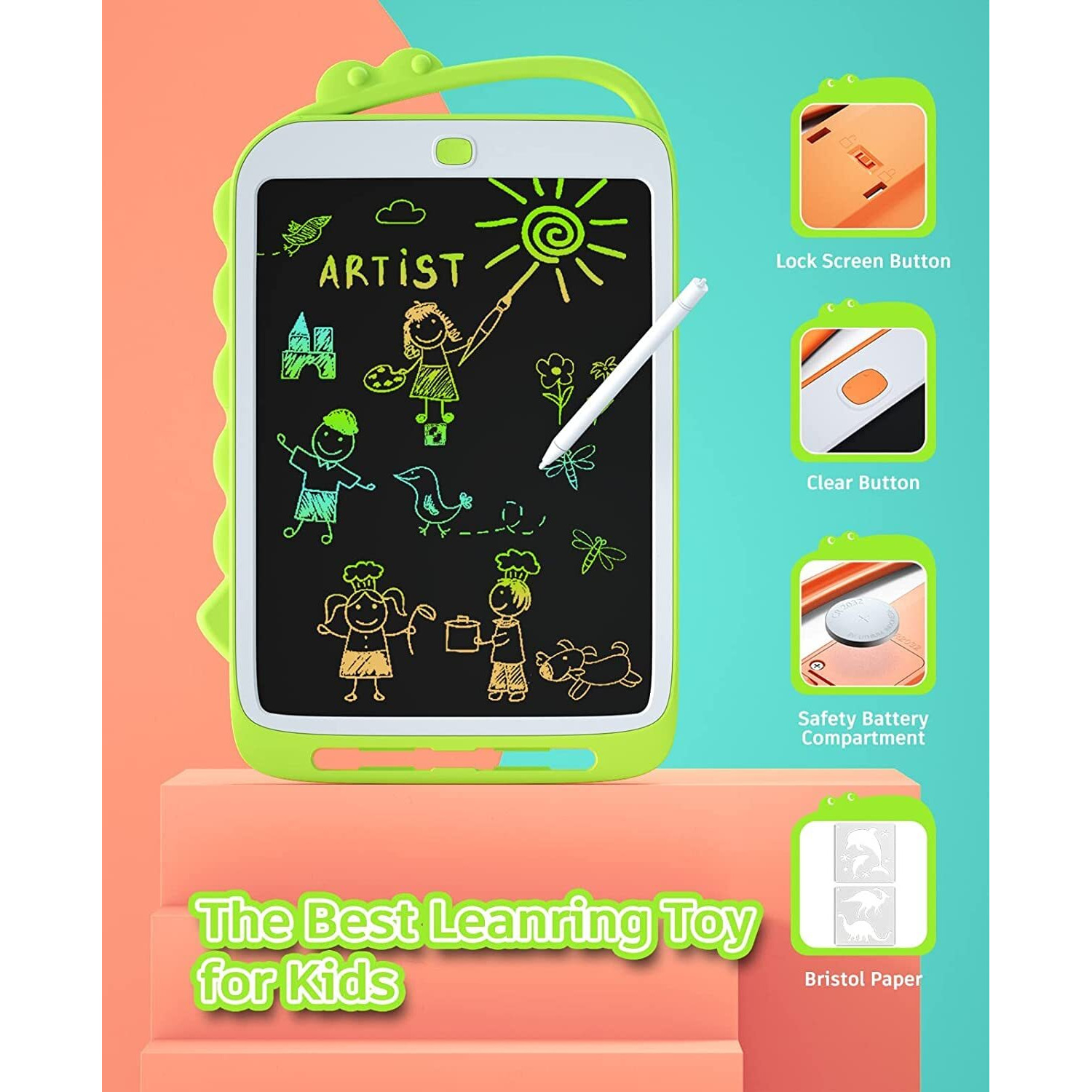 Toyshine 10" Big Size Writing Tablet For Kids, Lcd Tab For Kids Drawing Pad Doodle Board For 3-10 Years Old Boys/Girls Gifts Education Learning Toys- Green