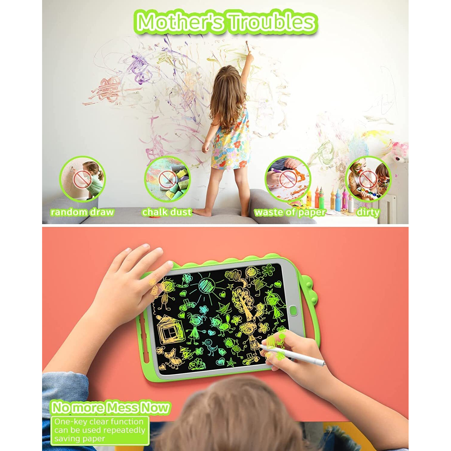 Toyshine 10" Big Size Writing Tablet For Kids, Lcd Tab For Kids Drawing Pad Doodle Board For 3-10 Years Old Boys/Girls Gifts Education Learning Toys- Green