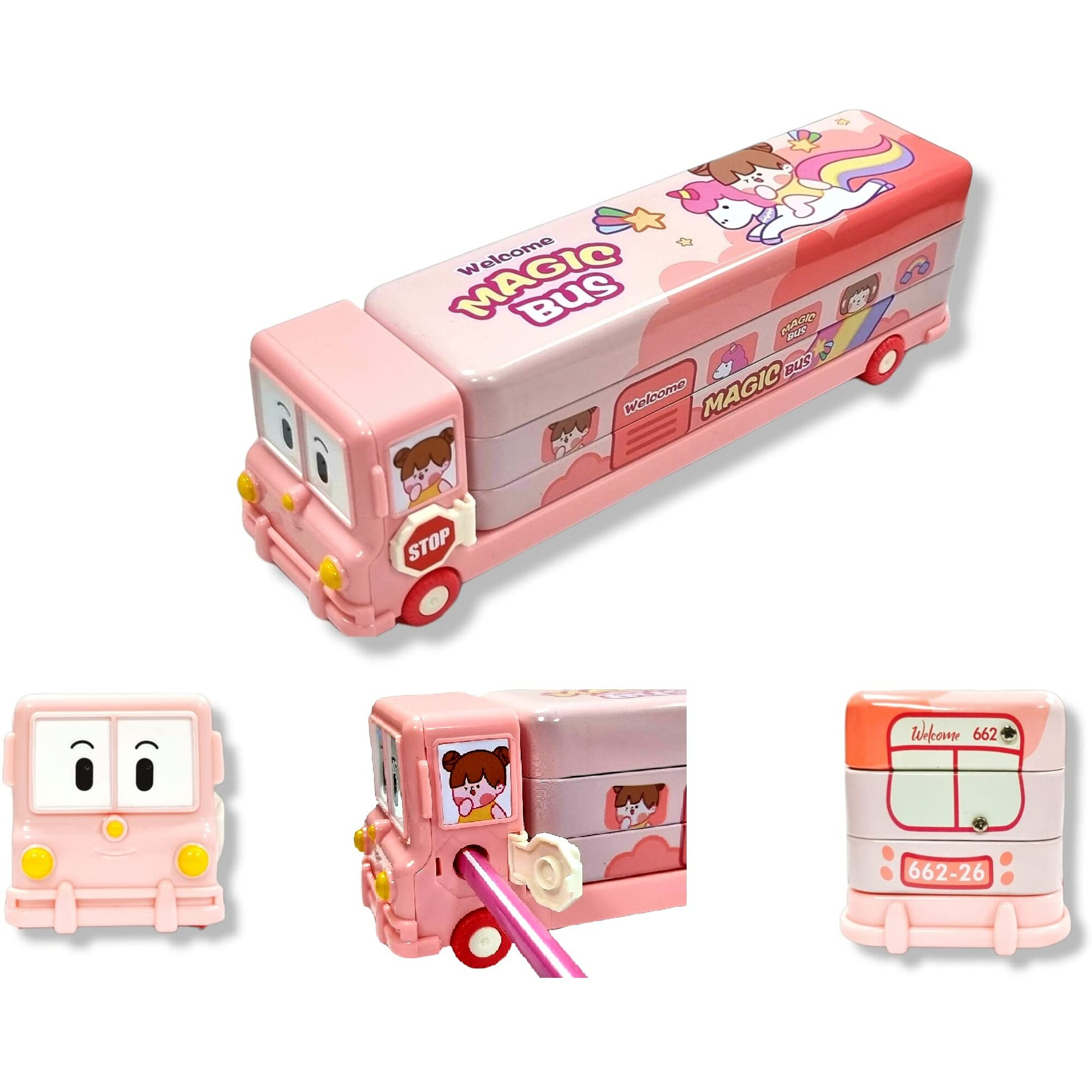 Rianz Bus Pencil Box For Kids With Moving Tyre's & Sharpener Geometry Case For Boys & Girls (Pink) - Metal