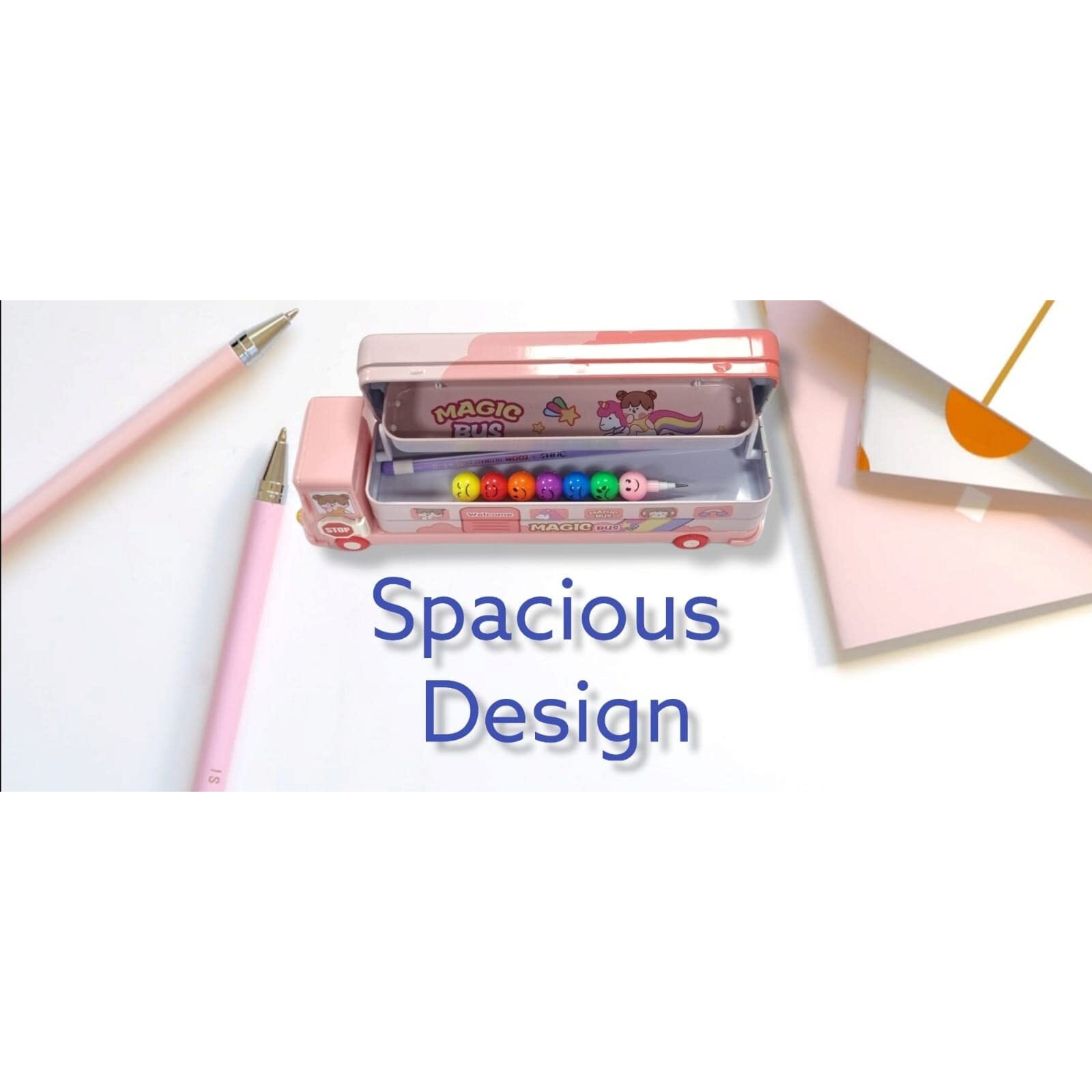 Rianz Bus Pencil Box For Kids With Moving Tyre's & Sharpener Geometry Case For Boys & Girls (Pink) - Metal