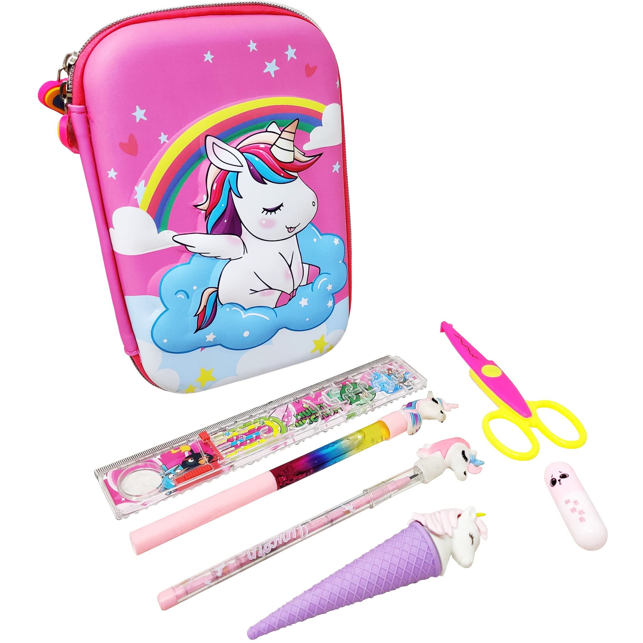 Parteet Plastic Combo (Pack Of 7 Items) Stationery Set With 1 Big Unicorn Pouch,1 Unicorn Glitter Pen,1 Unicorn Pencil,1 Softy Eraser,1 Scissor,1 Capsule Highlighter & 1 Scale For Kids-Pink