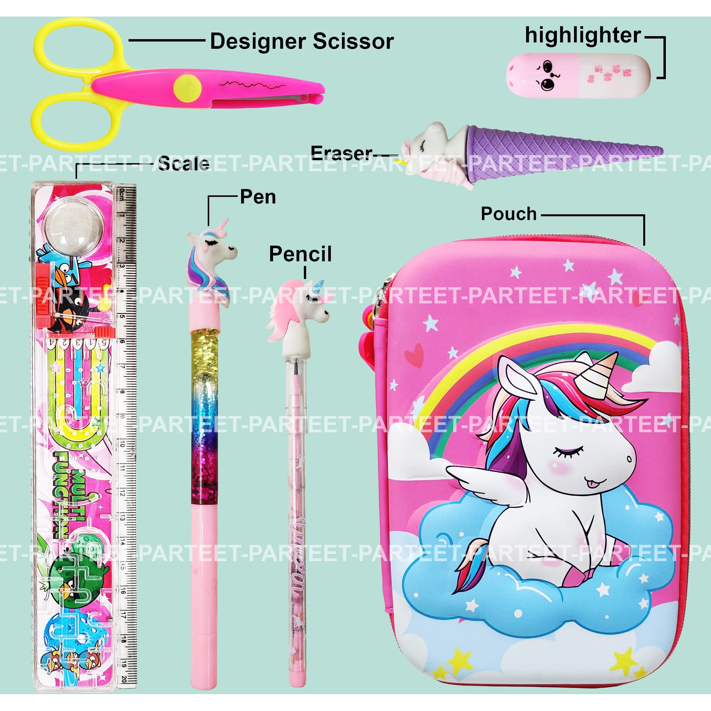 Parteet Plastic Combo (Pack Of 7 Items) Stationery Set With 1 Big Unicorn Pouch,1 Unicorn Glitter Pen,1 Unicorn Pencil,1 Softy Eraser,1 Scissor,1 Capsule Highlighter & 1 Scale For Kids-Pink