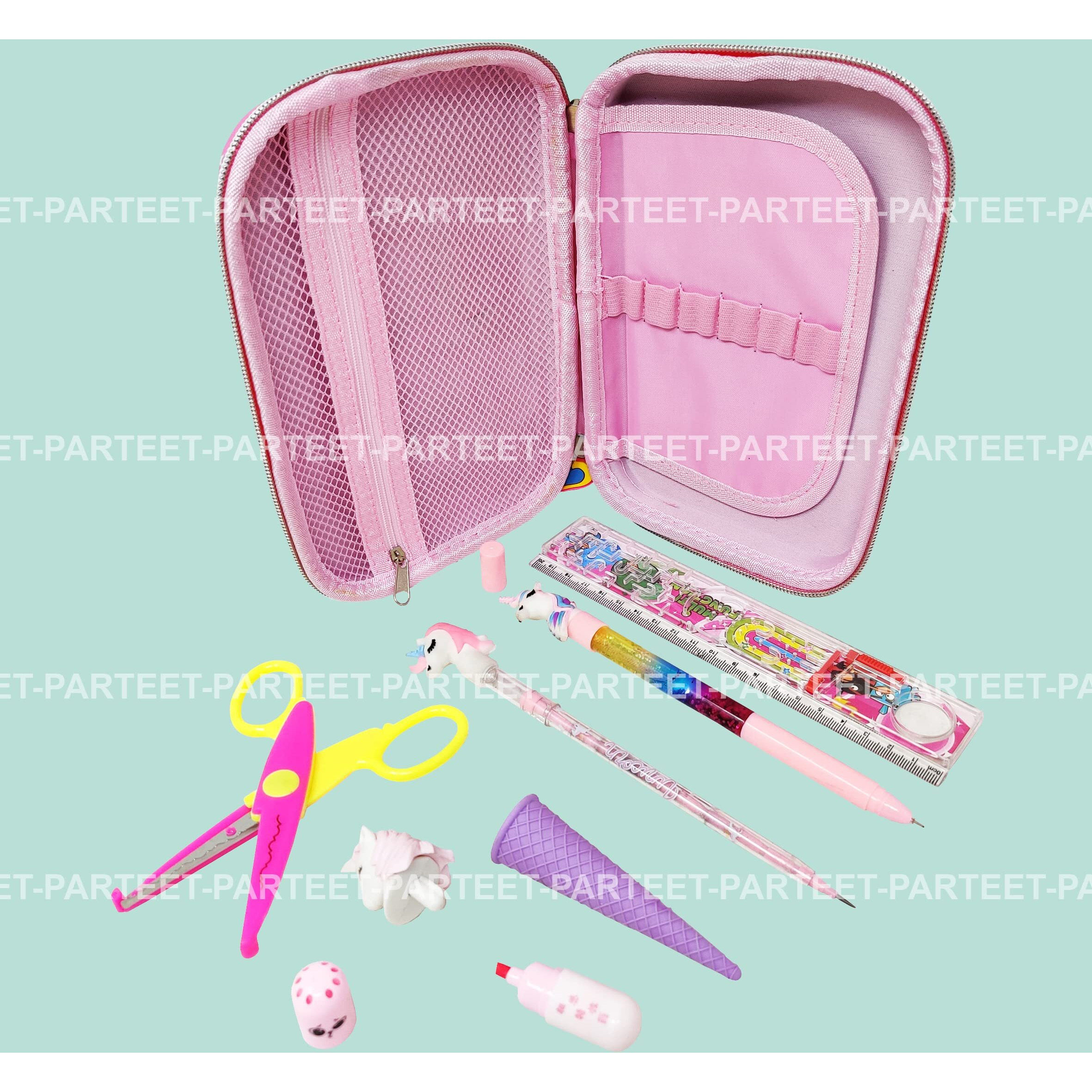 Parteet Plastic Combo (Pack Of 7 Items) Stationery Set With 1 Big Unicorn Pouch,1 Unicorn Glitter Pen,1 Unicorn Pencil,1 Softy Eraser,1 Scissor,1 Capsule Highlighter & 1 Scale For Kids-Pink