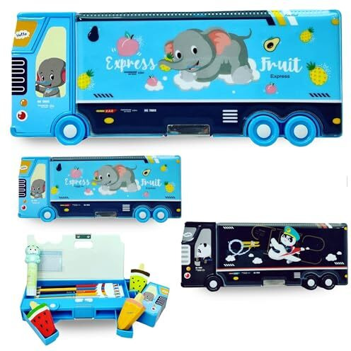 Funblast Multipurpose Plastic Magnetic Pencil Case With Sharpener, Kids' Fun Cartoon Animal Print Pencil Box With Wheel, Unisex, Multicolor