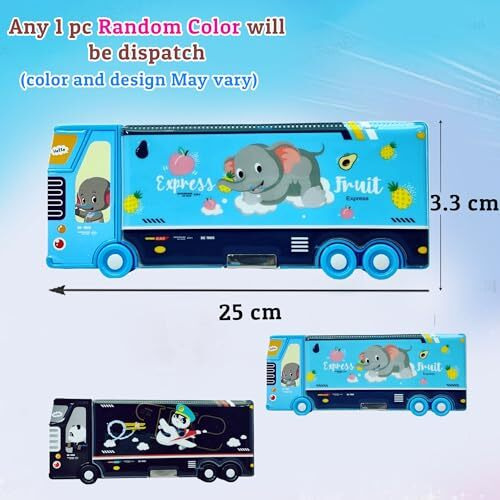 Funblast Multipurpose Plastic Magnetic Pencil Case With Sharpener, Kids' Fun Cartoon Animal Print Pencil Box With Wheel, Unisex, Multicolor