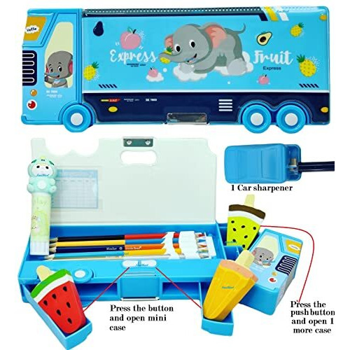 Funblast Multipurpose Plastic Magnetic Pencil Case With Sharpener, Kids' Fun Cartoon Animal Print Pencil Box With Wheel, Unisex, Multicolor
