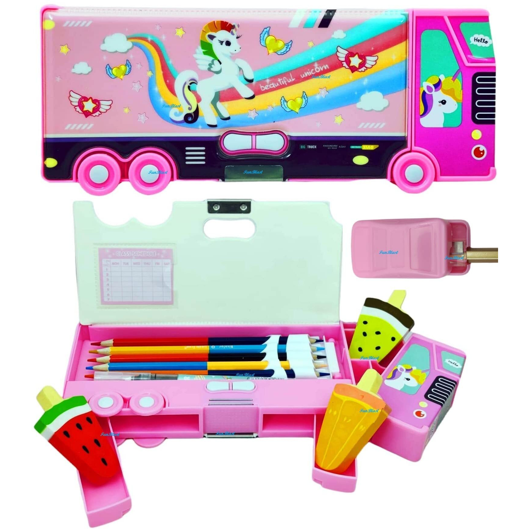 Funblast Magnetic Pencil Case With Sharpener Unicorn Pencil Box With Wheel For Kids, Pen & Pencil Case For Girls, Stylish Pencil Box For Boys And Girls, Return Gift For Kids, Multicolor