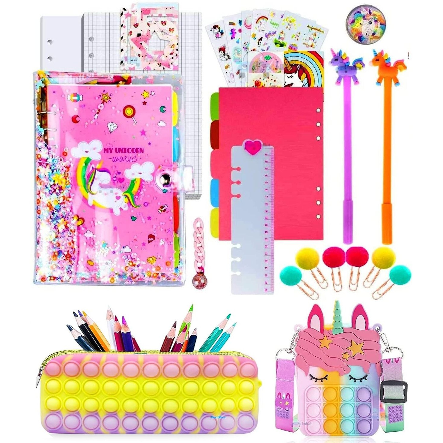Funblast Combo Of Fidget Popit Pouch, Diary & Sling Bag For Kids Pop It Stationery Kit - Coin Pouch, Stationary Organizer Set/Birthday Return Gifts For Girls, Kids (Pack Of 3 Random Color)