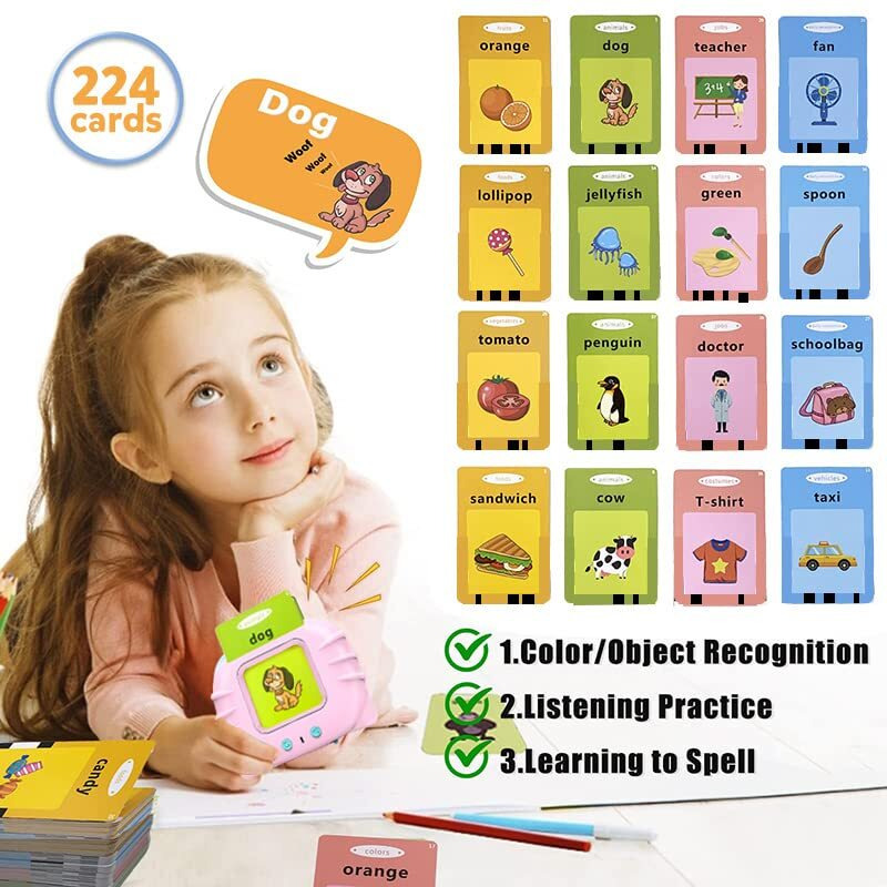 Acomok Talking Flash Cards For Toddlers, Autism Sensory Toys, 2-5 Year Old Boys & Girls, Sight Words Learning, Mixed Theme, Educational Flashcards (Animals, Fruits, Vehicles), Simple Style