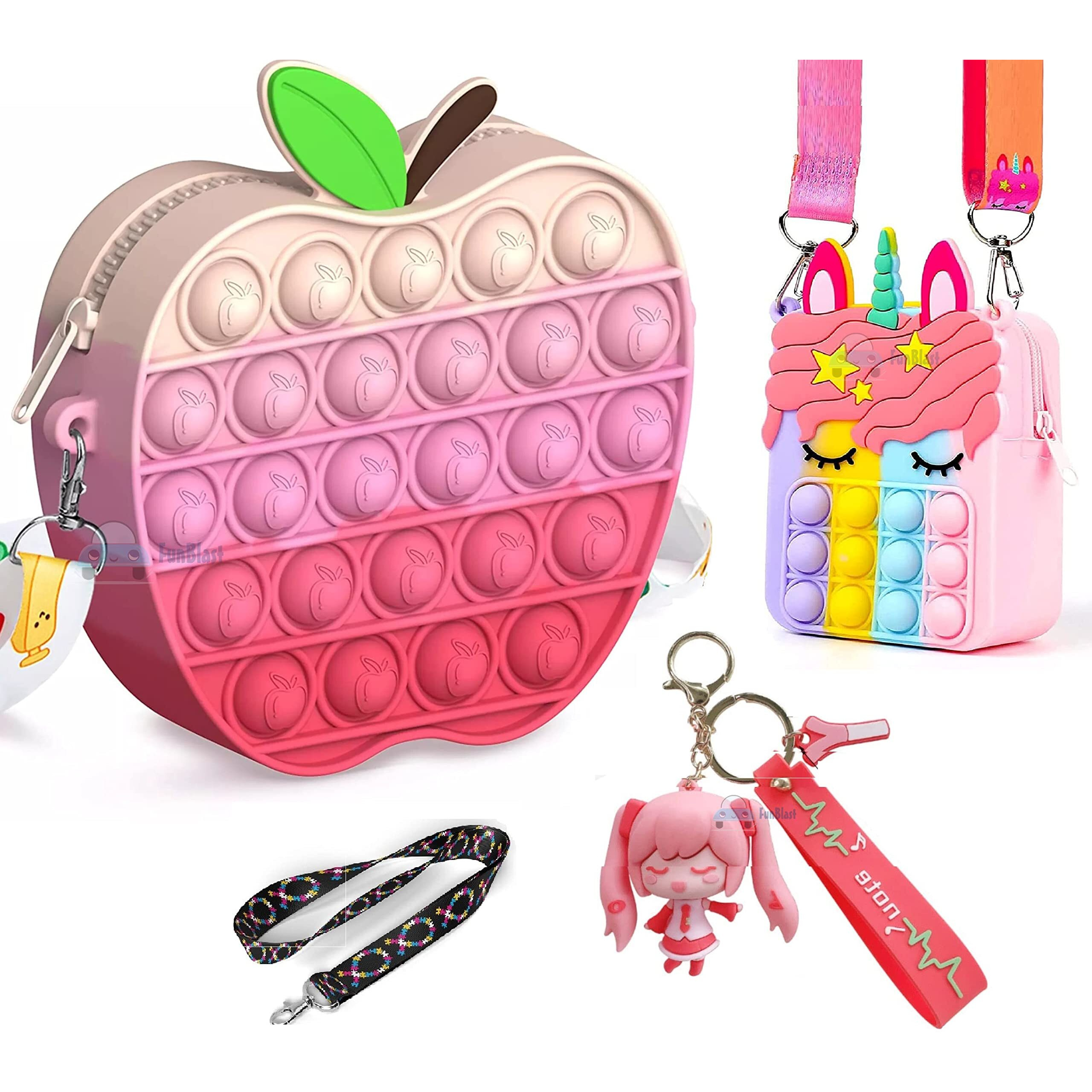 Funblast Combo Of Fidget Popit Shoulder Bag With Keychain & Sling Bag For Kids Pop It - Coin Pouch, Stationary Organizer Set / Birthday Return Gifts For Girls, Kids (Pack Of 2 Random Color)